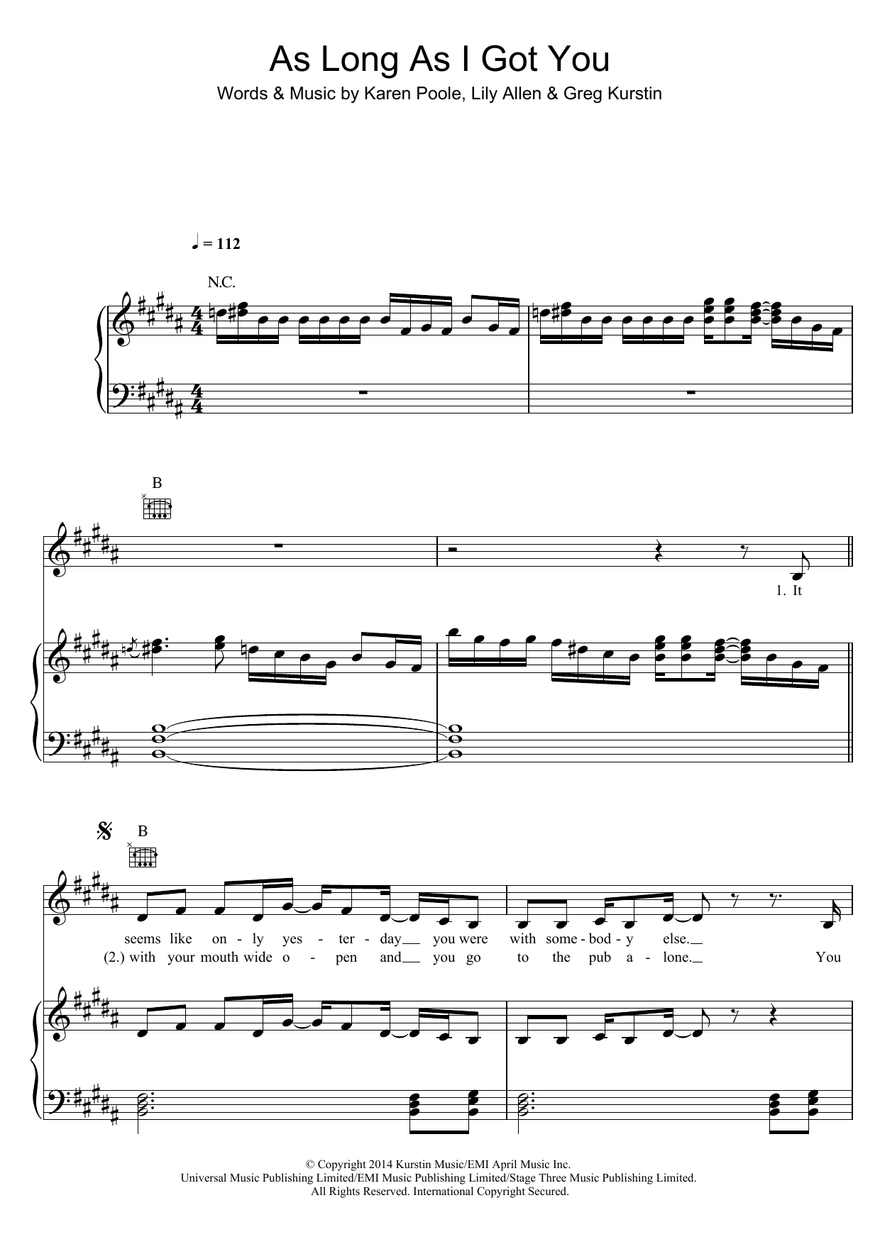 Download Lily Allen As Long As I Got You Sheet Music and learn how to play Piano, Vocal & Guitar (Right-Hand Melody) PDF digital score in minutes