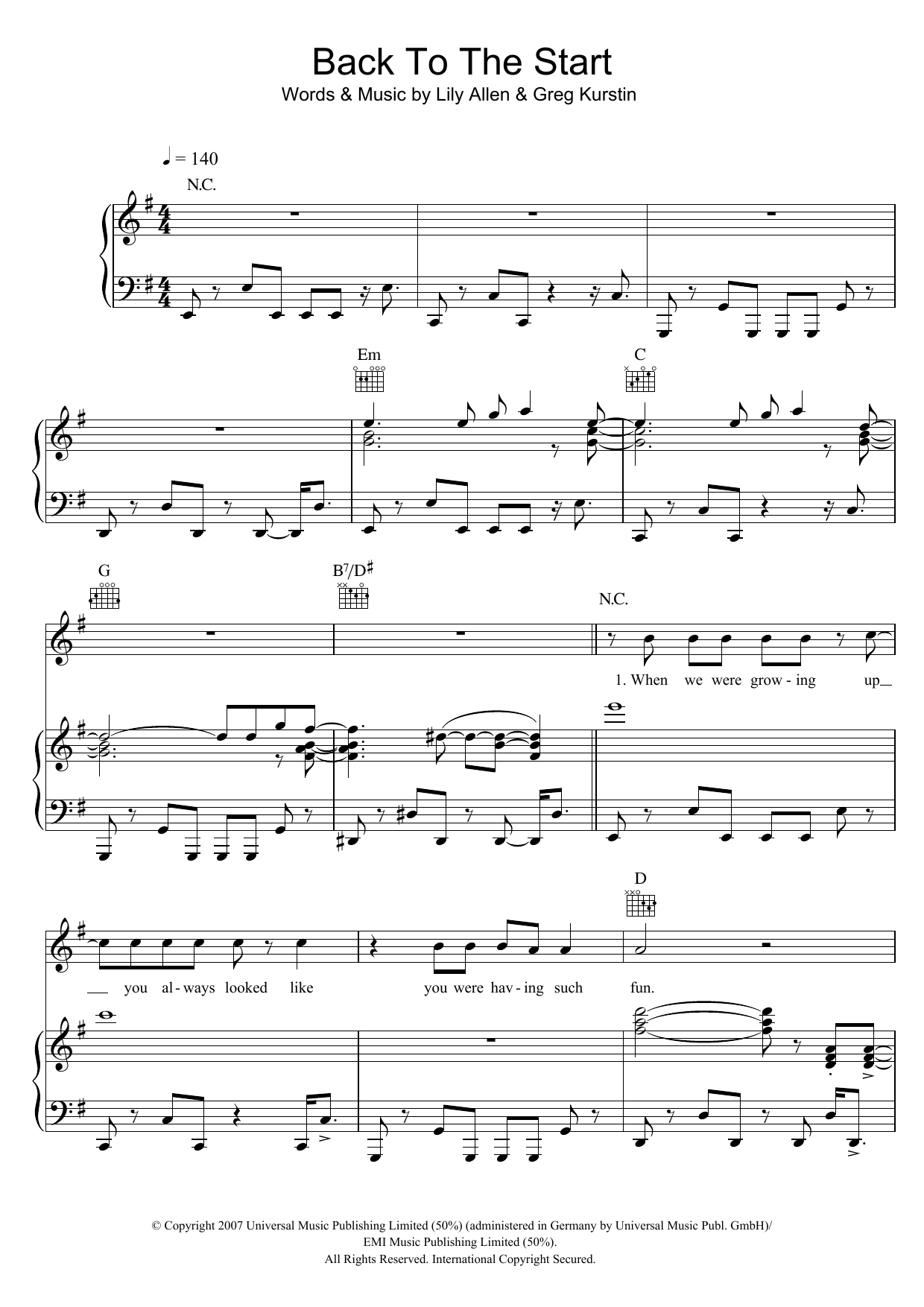 Download Lily Allen Back To The Start Sheet Music and learn how to play Piano, Vocal & Guitar PDF digital score in minutes