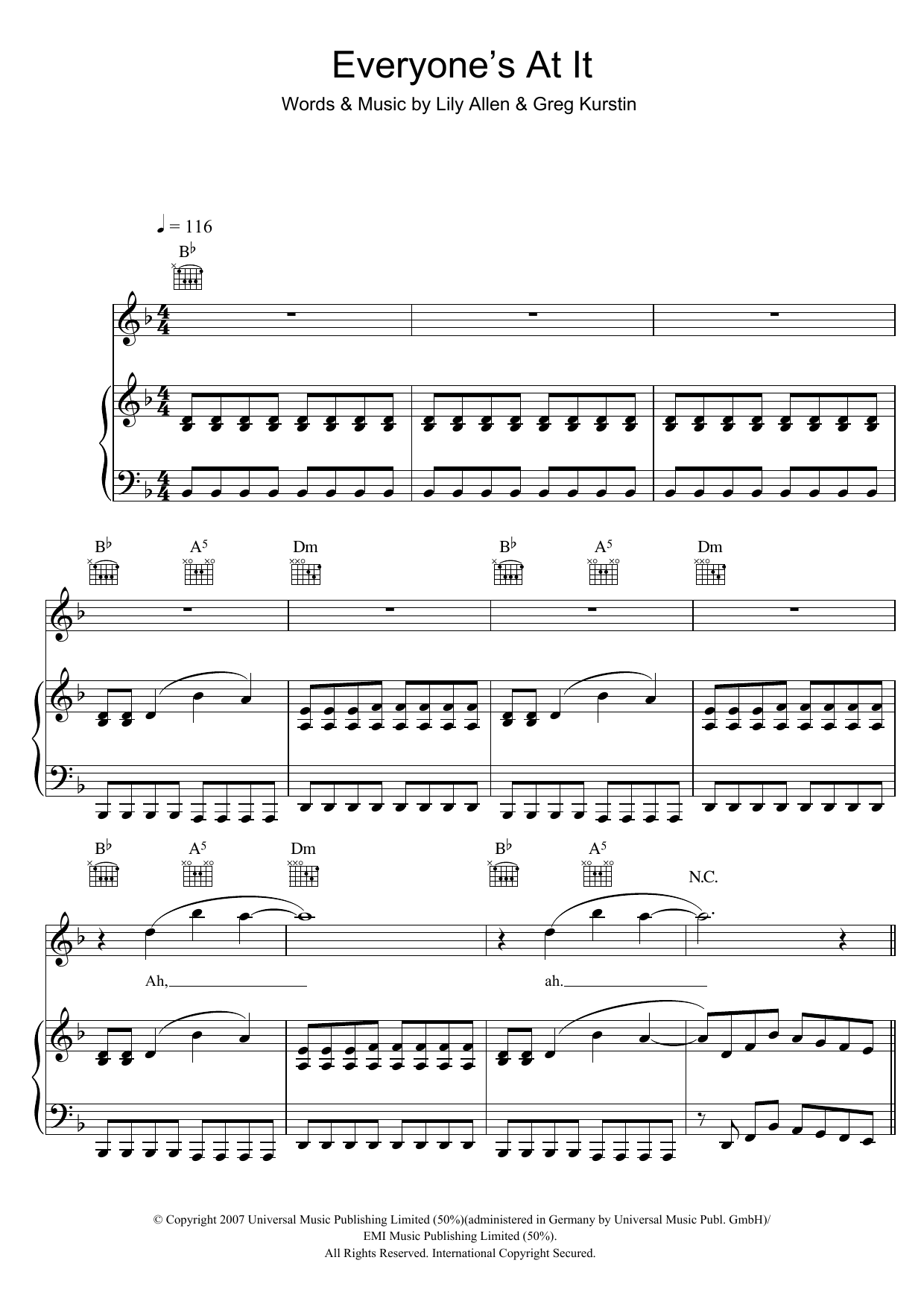 Download Lily Allen Everyone's At It Sheet Music and learn how to play Piano, Vocal & Guitar PDF digital score in minutes