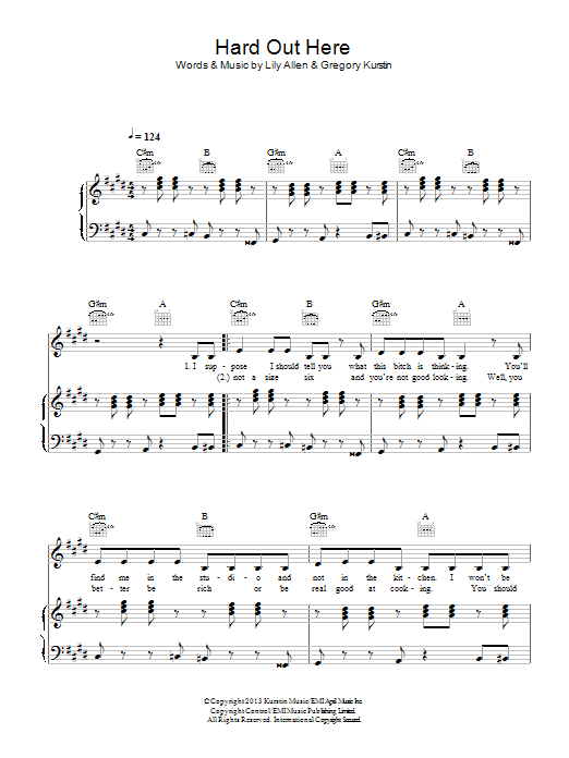 Download Lily Allen Hard Out Here Sheet Music and learn how to play Piano, Vocal & Guitar (Right-Hand Melody) PDF digital score in minutes
