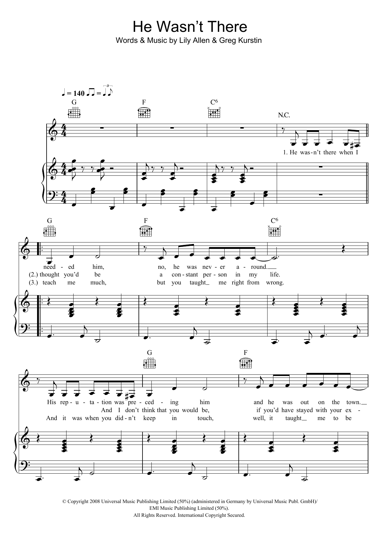 Download Lily Allen He Wasn't There Sheet Music and learn how to play Piano, Vocal & Guitar PDF digital score in minutes