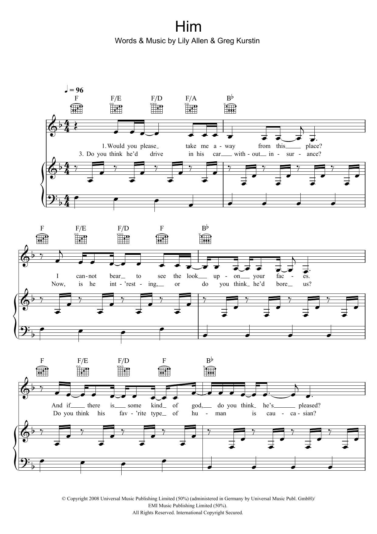 Download Lily Allen Him Sheet Music and learn how to play Piano, Vocal & Guitar PDF digital score in minutes