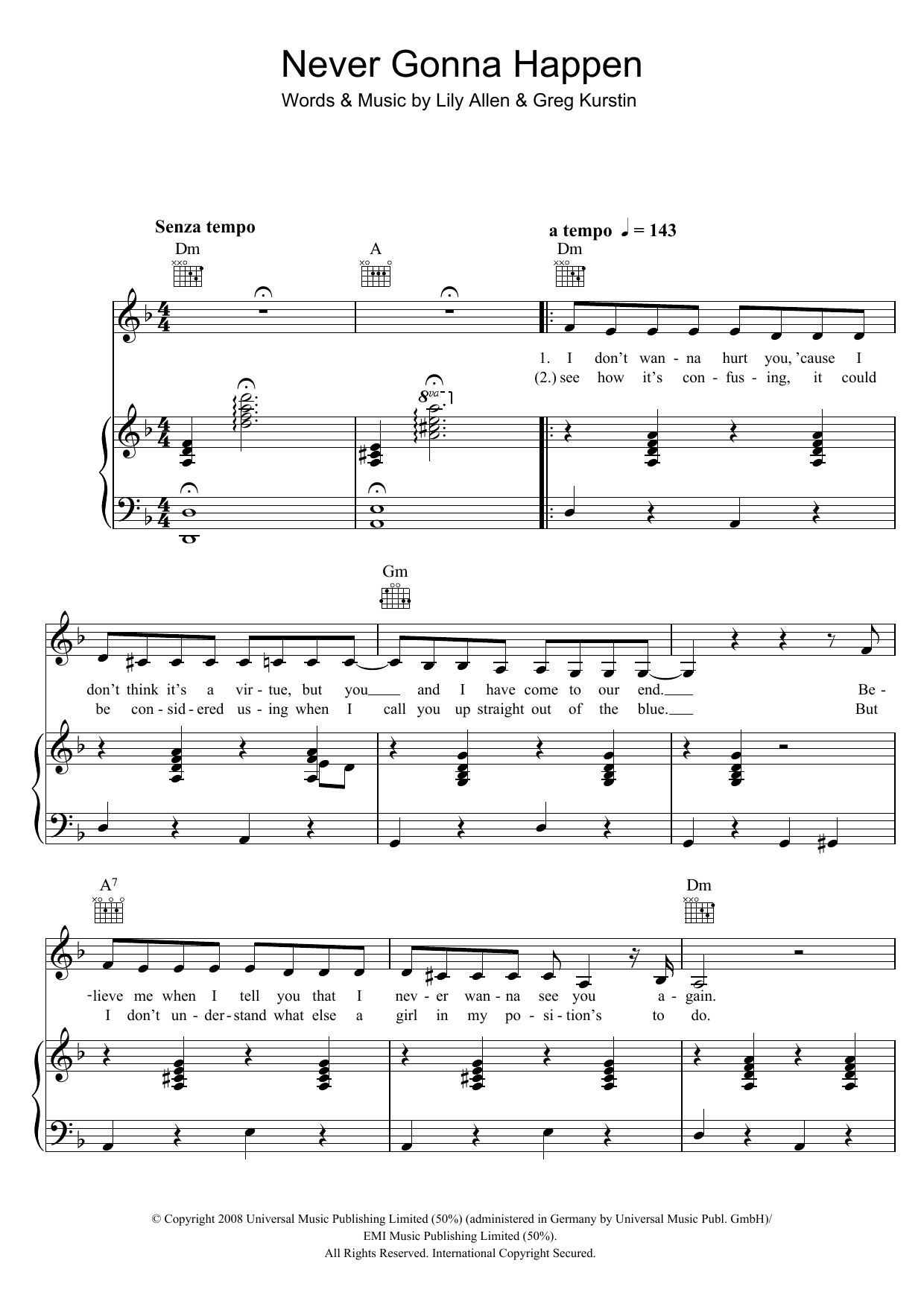 Download Lily Allen Never Gonna Happen Sheet Music and learn how to play Piano, Vocal & Guitar PDF digital score in minutes
