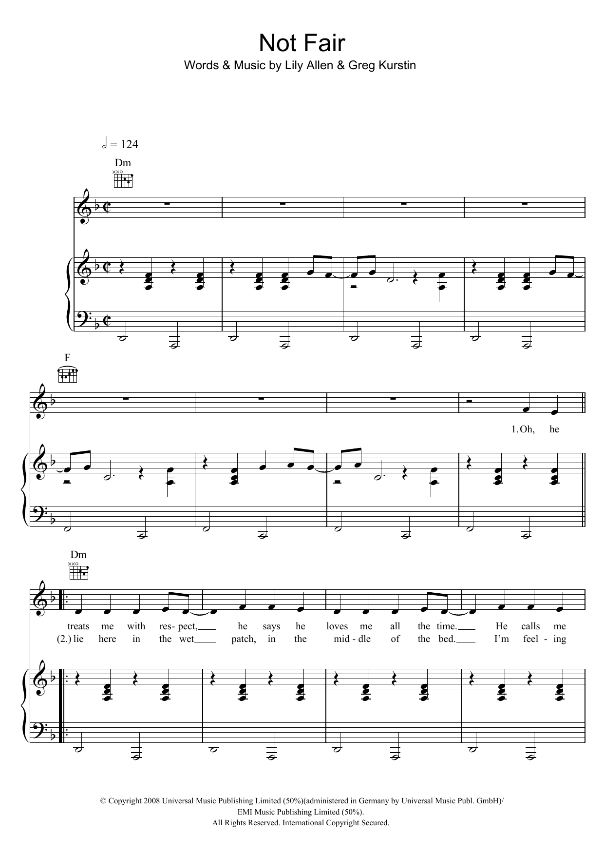 Download Lily Allen Not Fair Sheet Music and learn how to play Piano, Vocal & Guitar PDF digital score in minutes