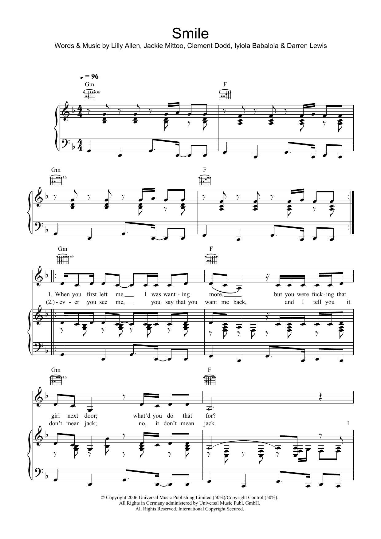 Download Lily Allen Smile Sheet Music and learn how to play Piano, Vocal & Guitar (Right-Hand Melody) PDF digital score in minutes