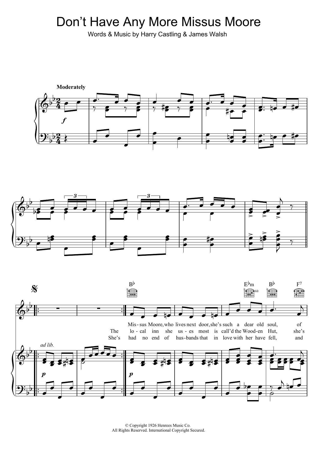 Download Lily Morris Don't Have Any More Missus Moore Sheet Music and learn how to play Piano, Vocal & Guitar (Right-Hand Melody) PDF digital score in minutes