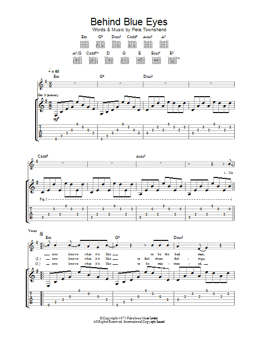 Download Limp Bizkit Behind Blue Eyes Sheet Music and learn how to play Guitar Tab PDF digital score in minutes