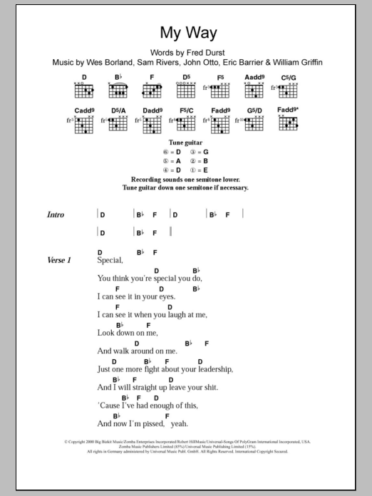 Download Limp Bizkit My Way Sheet Music and learn how to play Lyrics & Chords PDF digital score in minutes