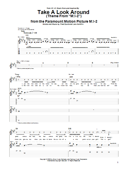 Download Limp Bizkit Take A Look Around (theme from Mission Impossible 2) Sheet Music and learn how to play Guitar Tab PDF digital score in minutes