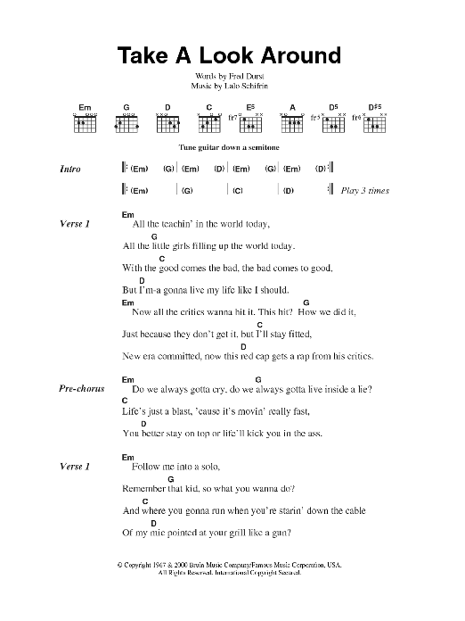 Download Limp Bizkit Take A Look Around (theme from Mission Impossible 2 ) Sheet Music and learn how to play Lyrics & Chords PDF digital score in minutes