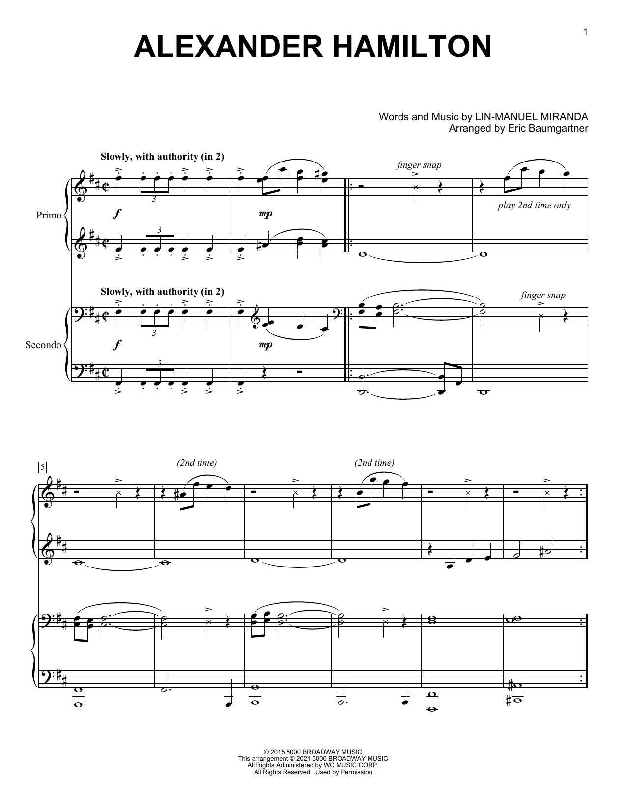 Download Lin-Manuel Miranda Alexander Hamilton (from Hamilton) (arr. Eric Baumgartner) Sheet Music and learn how to play Piano Duet PDF digital score in minutes