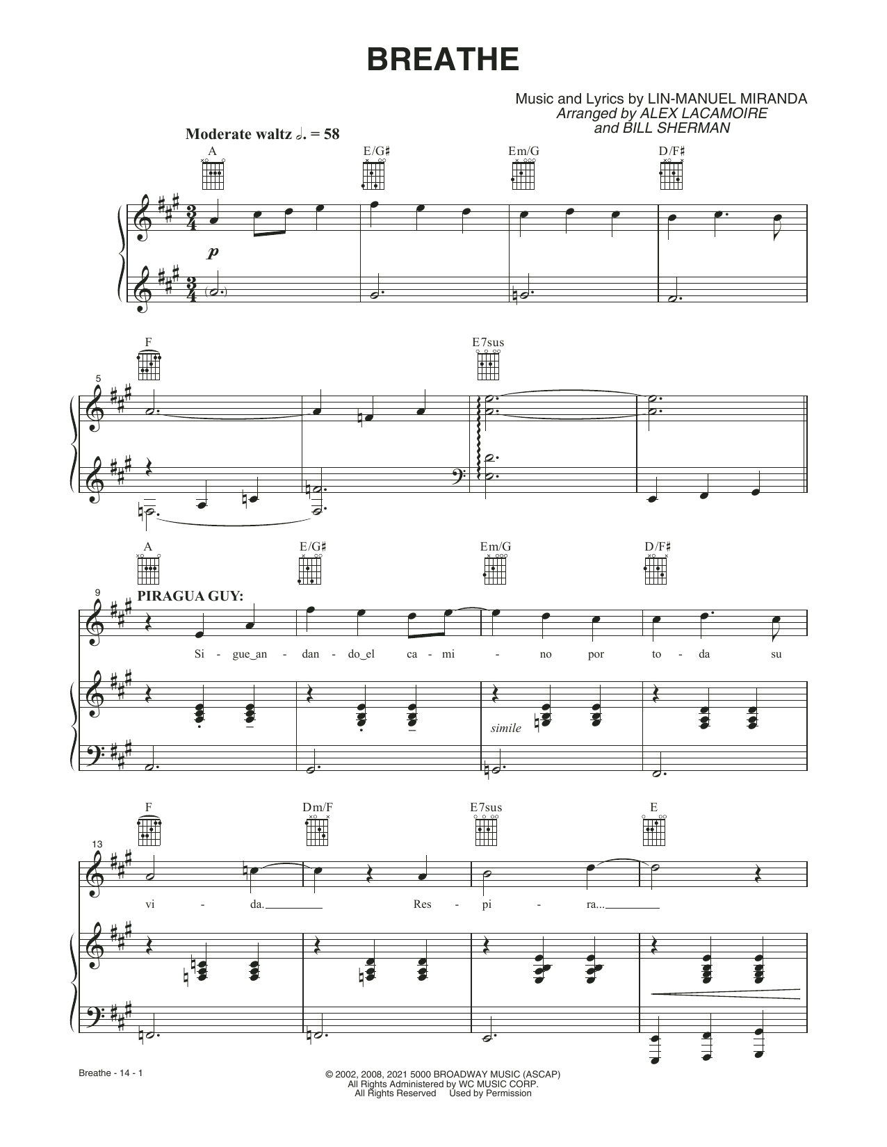 Download Lin-Manuel Miranda Breathe (from the Motion Picture In The Heights) Sheet Music and learn how to play Piano, Vocal & Guitar Chords PDF digital score in minutes
