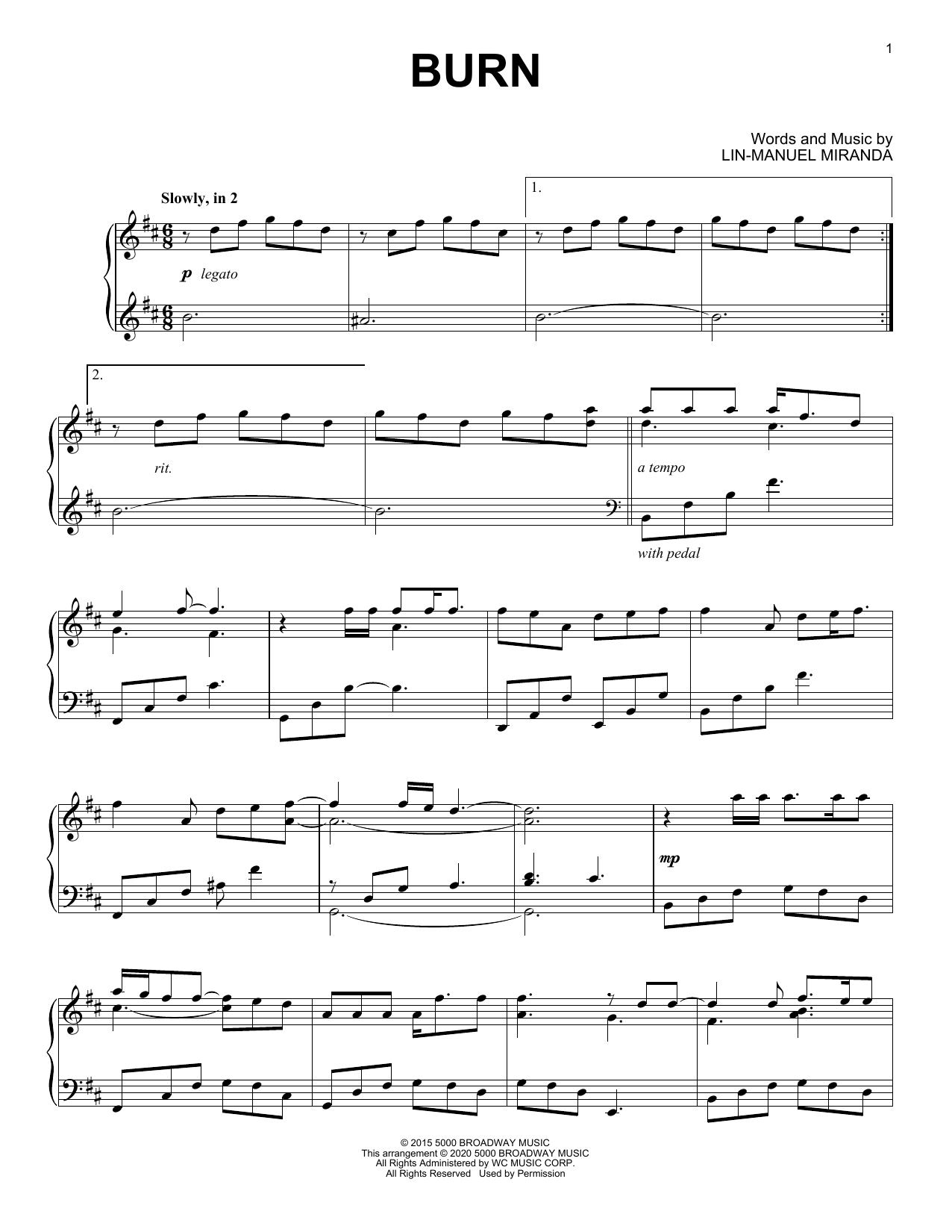 Download Lin-Manuel Miranda Burn (from Hamilton) (arr. David Pearl) Sheet Music and learn how to play Piano Solo PDF digital score in minutes