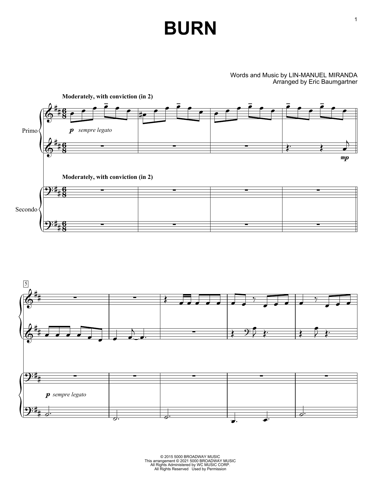 Download Lin-Manuel Miranda Burn (from Hamilton) (arr. Eric Baumgartner) Sheet Music and learn how to play Piano Duet PDF digital score in minutes