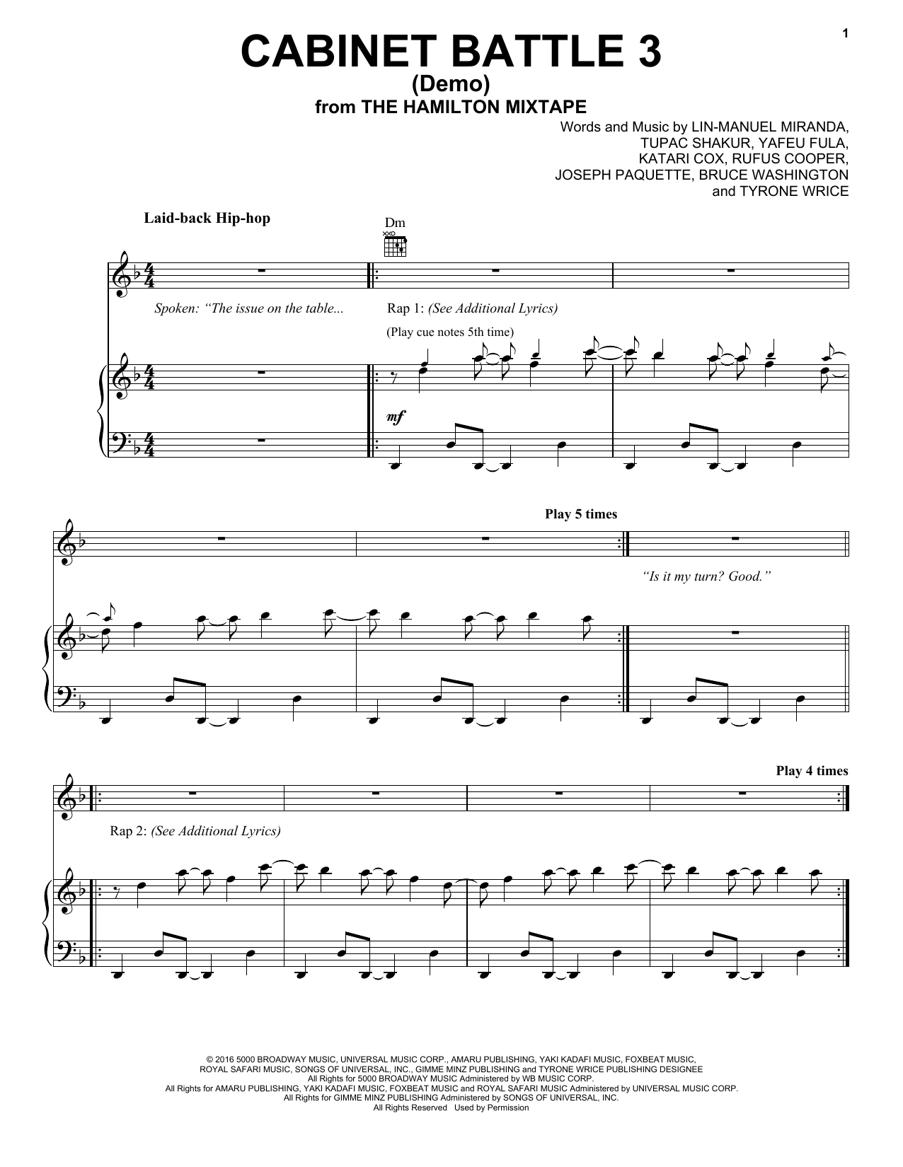 Download Lin-Manuel Miranda Cabinet Battle 3 (Demo) Sheet Music and learn how to play Piano, Vocal & Guitar (Right-Hand Melody) PDF digital score in minutes