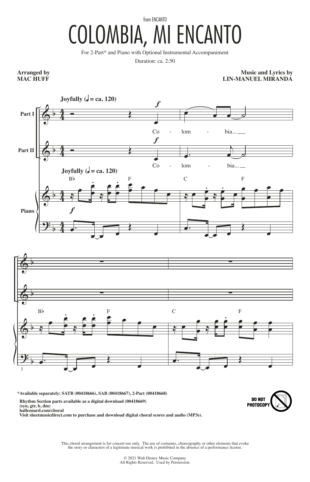 Download Lin-Manuel Miranda Colombia, Mi Encanto (from Encanto) (arr. Mac Huff) Sheet Music and learn how to play 2-Part Choir PDF digital score in minutes