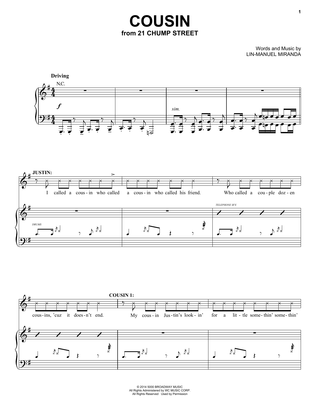 Download Lin-Manuel Miranda Cousin (from 21 Chump Street) Sheet Music and learn how to play Piano & Vocal PDF digital score in minutes
