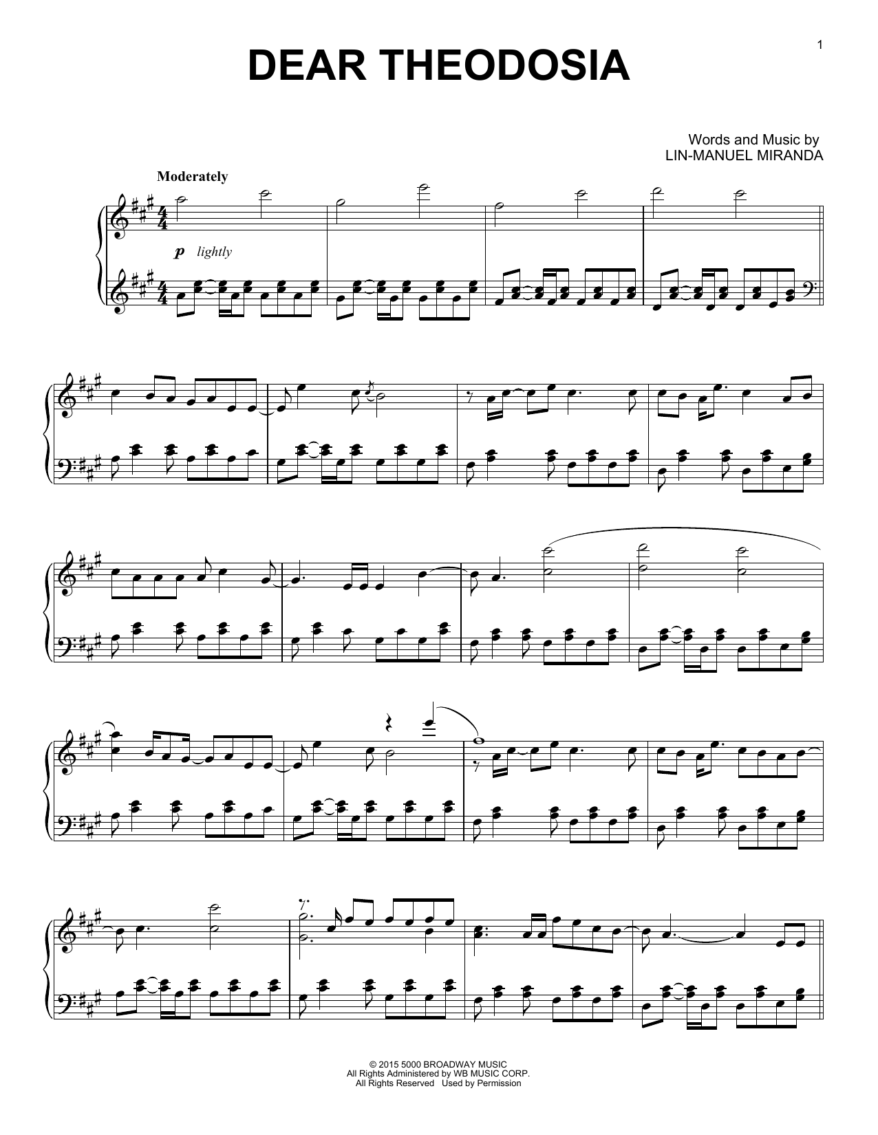 Download Lin-Manuel Miranda Dear Theodosia (from Hamilton) (arr. David Pearl) Sheet Music and learn how to play Piano Solo PDF digital score in minutes