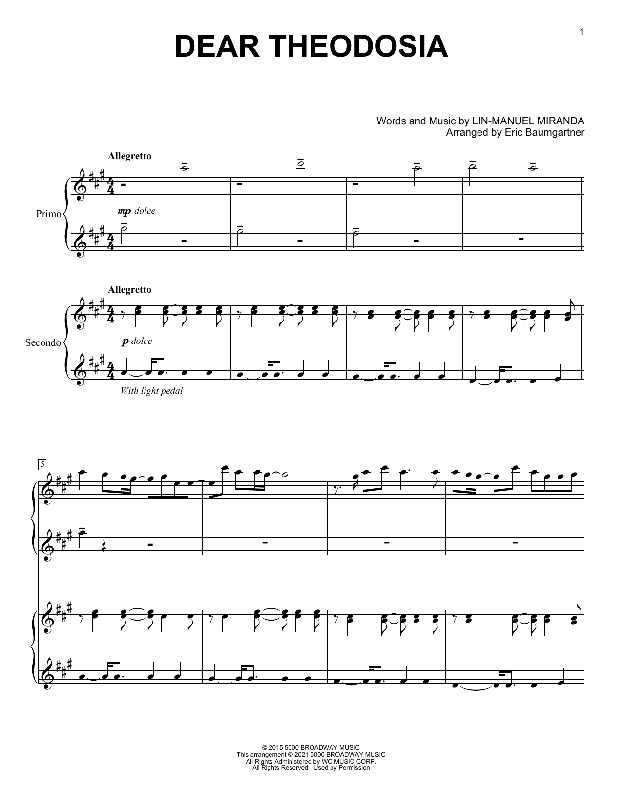 Download Lin-Manuel Miranda Dear Theodosia (from Hamilton) (arr. Eric Baumgartner) Sheet Music and learn how to play Piano Duet PDF digital score in minutes