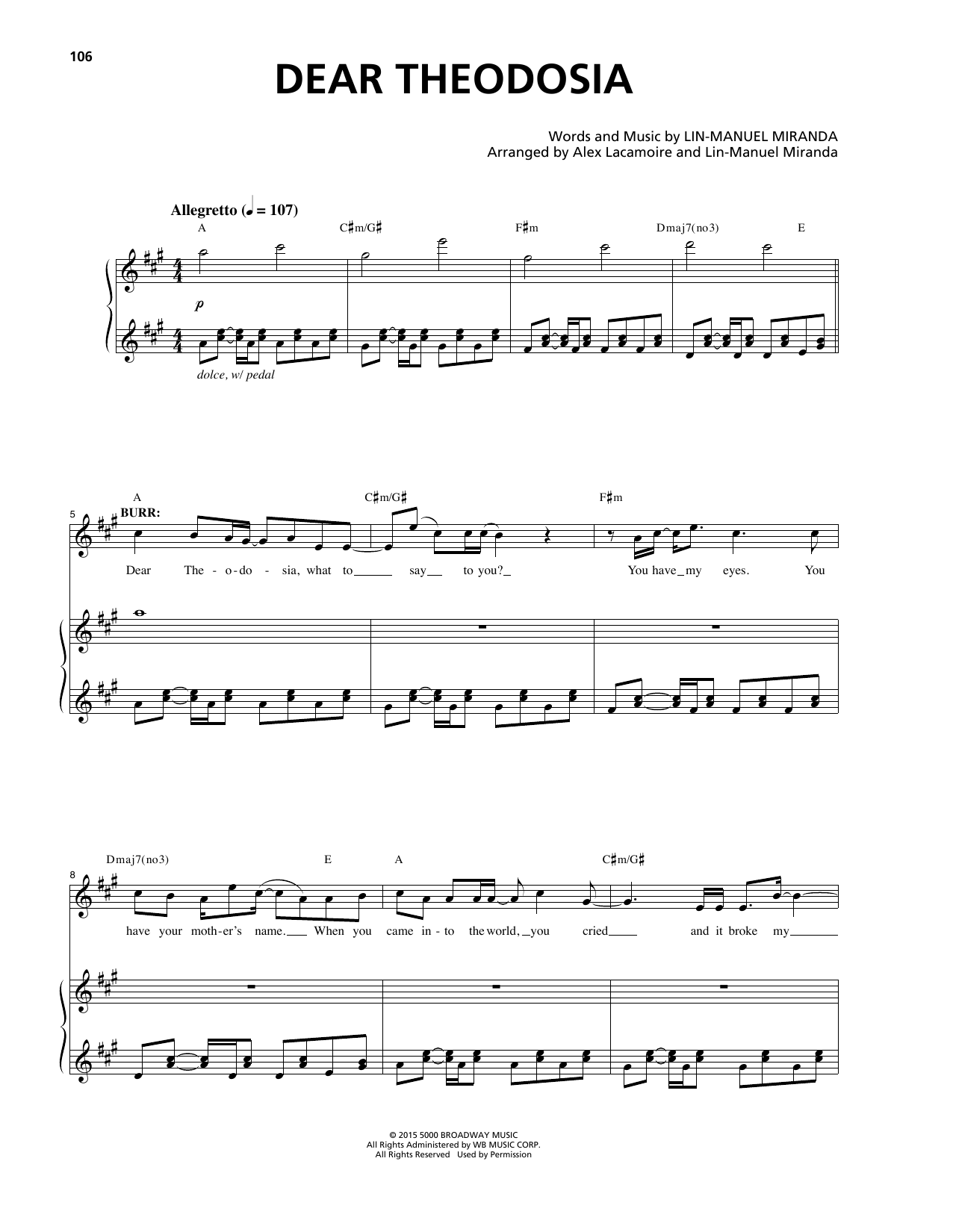 Download Lin-Manuel Miranda Dear Theodosia (from Hamilton) Sheet Music and learn how to play Big Note Piano PDF digital score in minutes