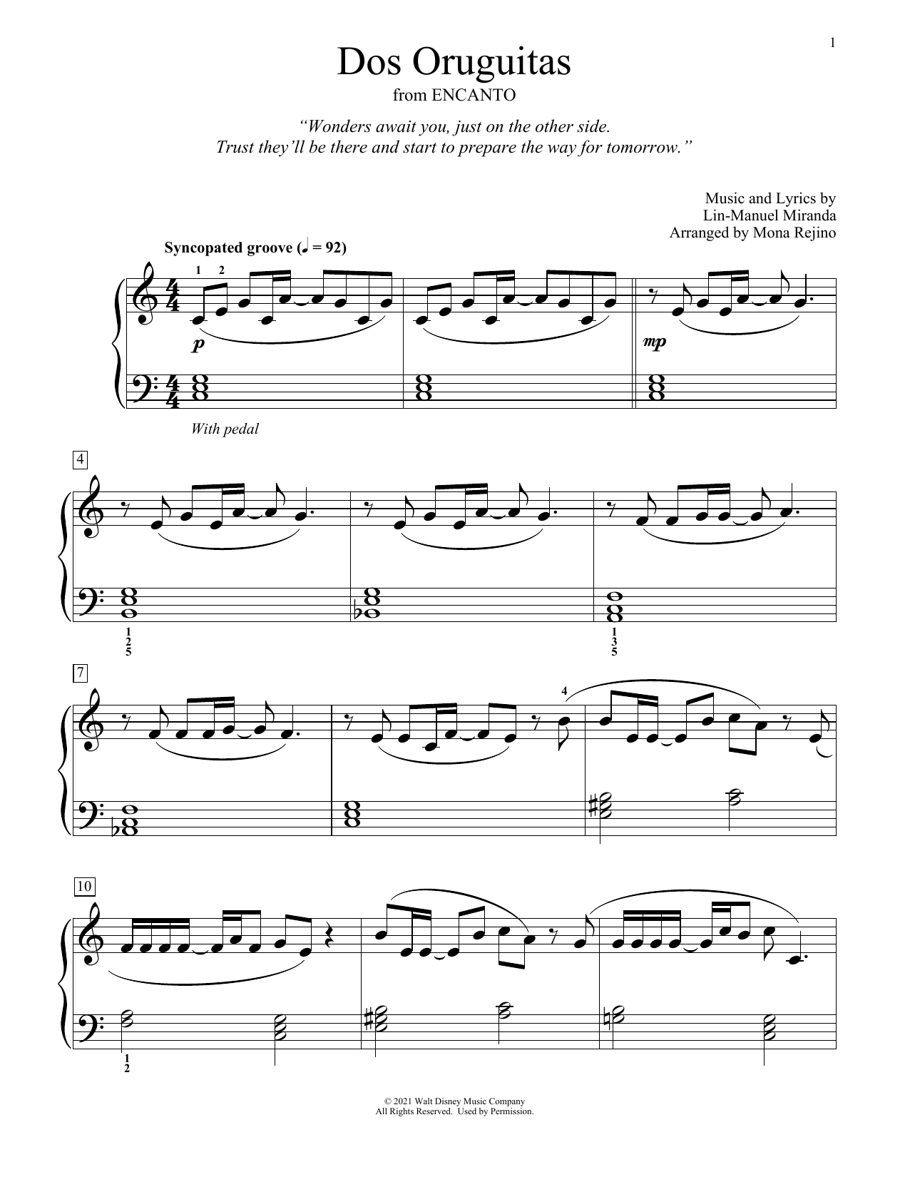 Download Lin-Manuel Miranda Dos Oruguitas (from Encanto) (arr. Mona Rejino) Sheet Music and learn how to play Educational Piano PDF digital score in minutes