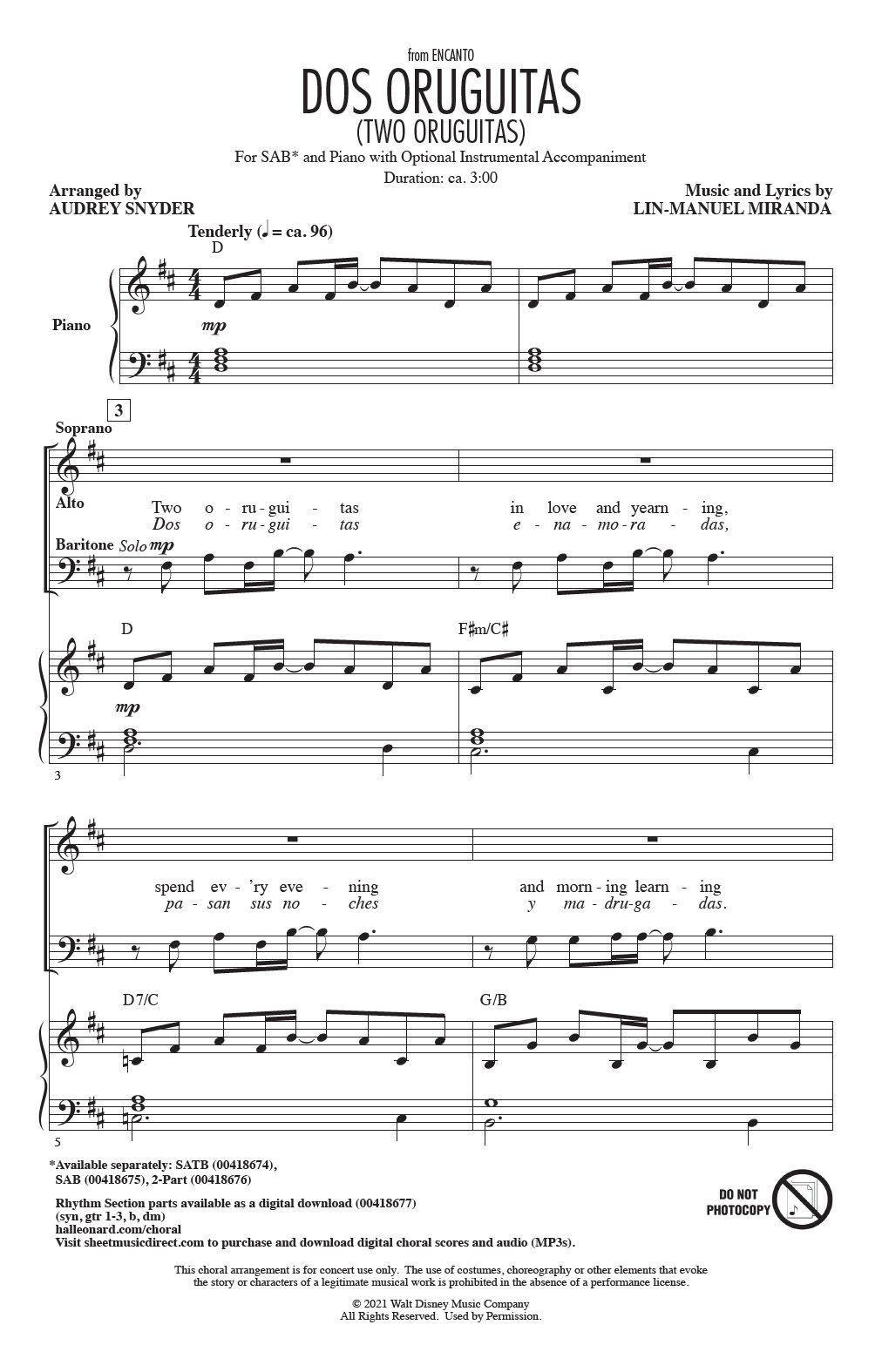 Download Lin-Manuel Miranda Dos Oruguitas (from Encanto) (arr. Audrey Snyder) Sheet Music and learn how to play SATB Choir PDF digital score in minutes