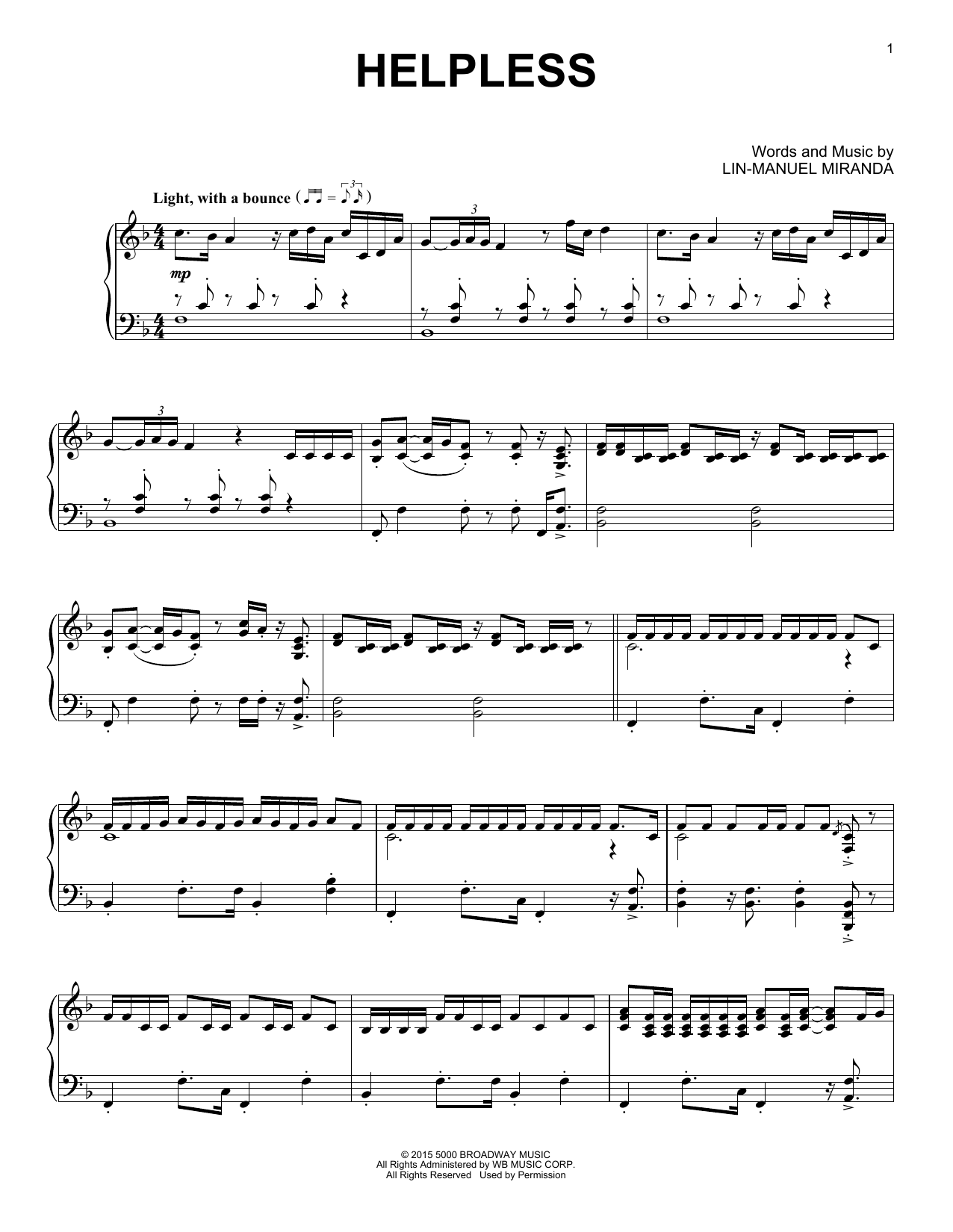 Download Lin-Manuel Miranda Helpless (from Hamilton) (arr. David Pearl) Sheet Music and learn how to play Piano Solo PDF digital score in minutes