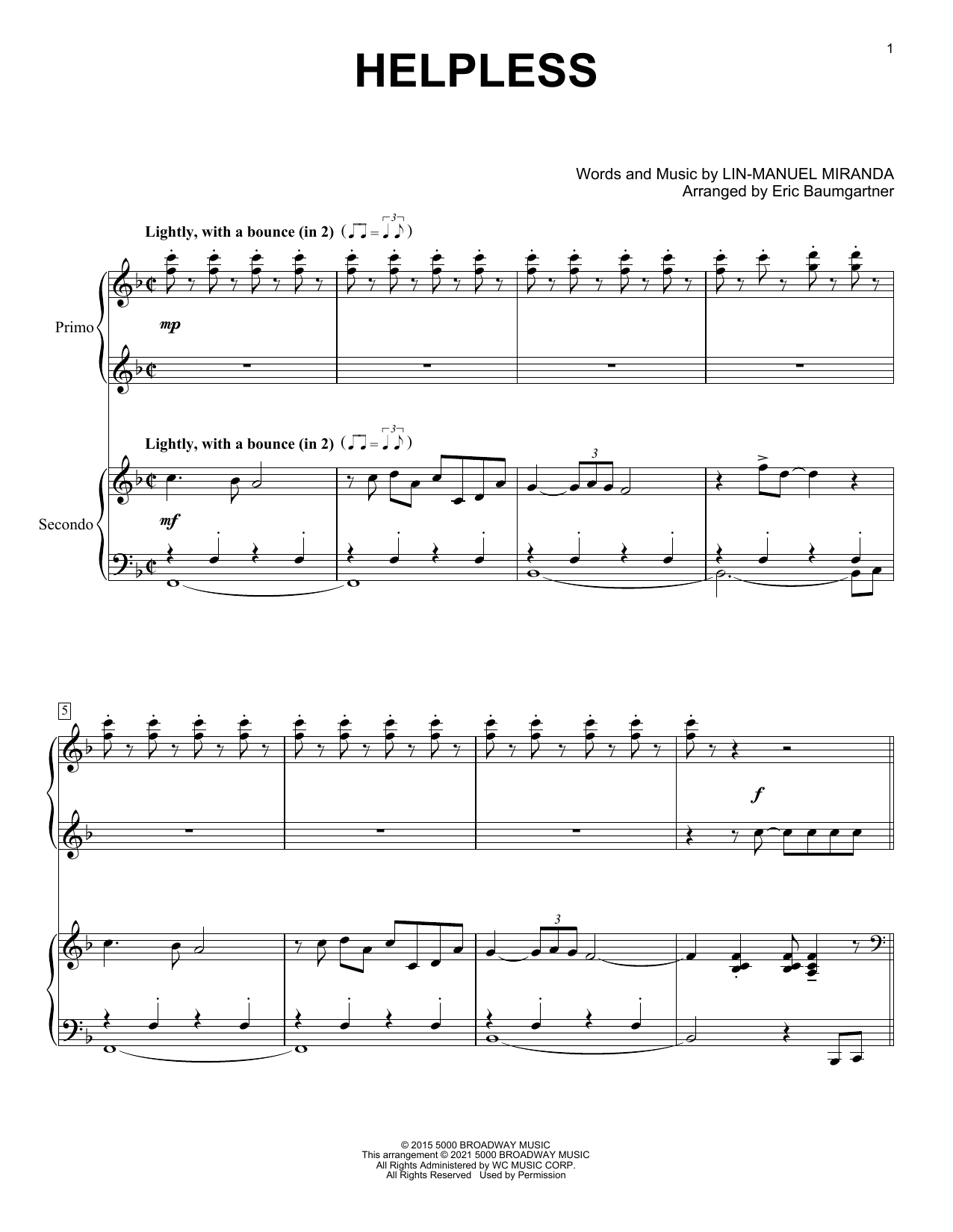 Download Lin-Manuel Miranda Helpless (from Hamilton) (arr. Eric Baumgartner) Sheet Music and learn how to play Piano Duet PDF digital score in minutes