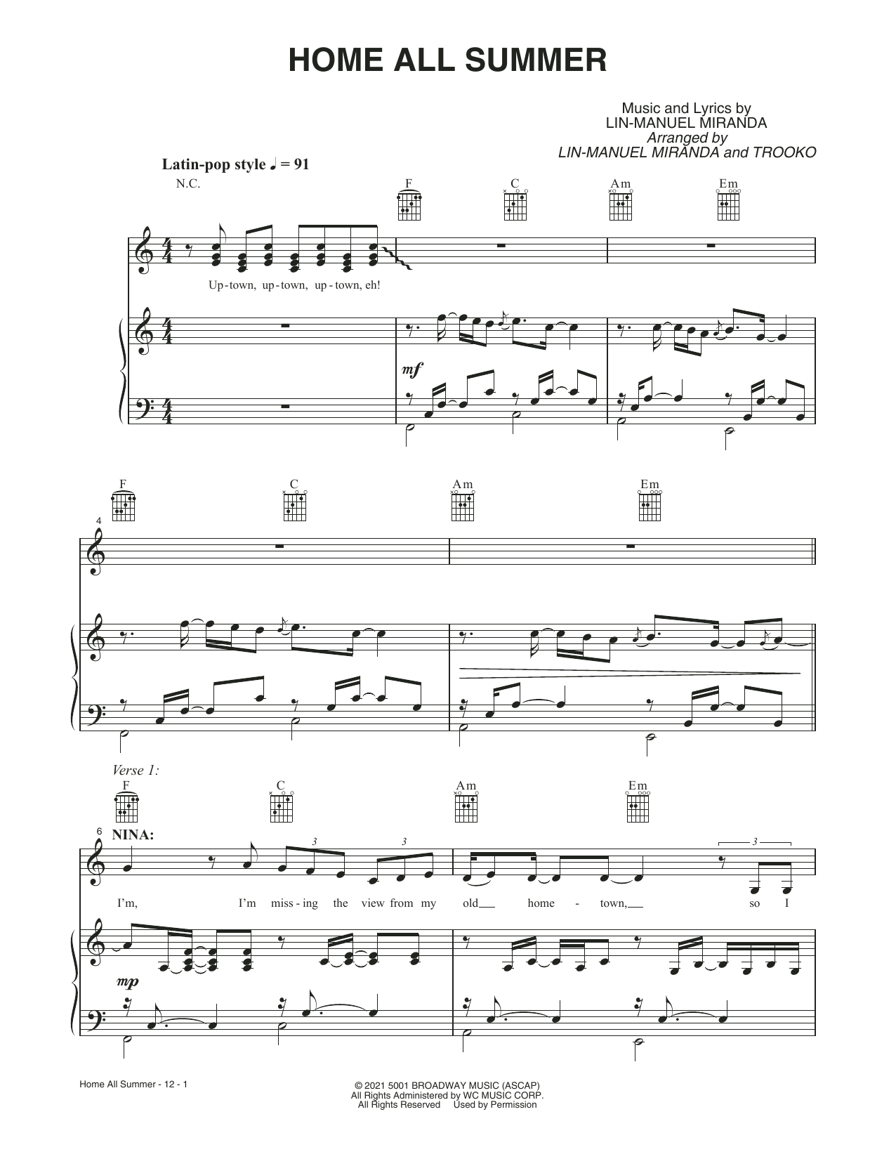 Download Lin-Manuel Miranda Home All Summer (from the Motion Picture In The Heights) Sheet Music and learn how to play Piano, Vocal & Guitar Chords PDF digital score in minutes