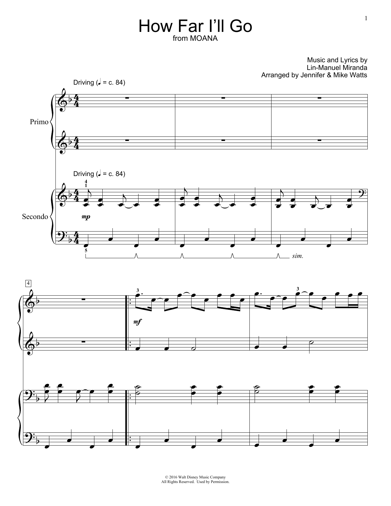 Download Jennifer and Mike Watts How Far I'll Go Sheet Music and learn how to play Piano Duet PDF digital score in minutes