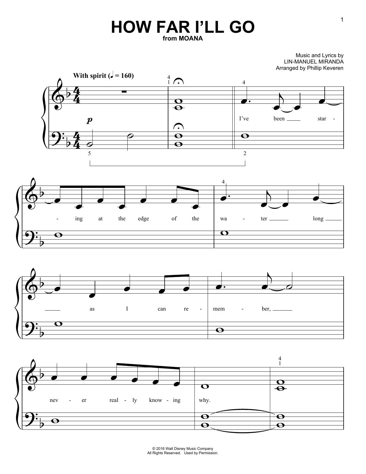 Download Lin-Manuel Miranda How Far I'll Go (from Moana) (arr. Phillip Keveren) Sheet Music and learn how to play Big Note Piano PDF digital score in minutes