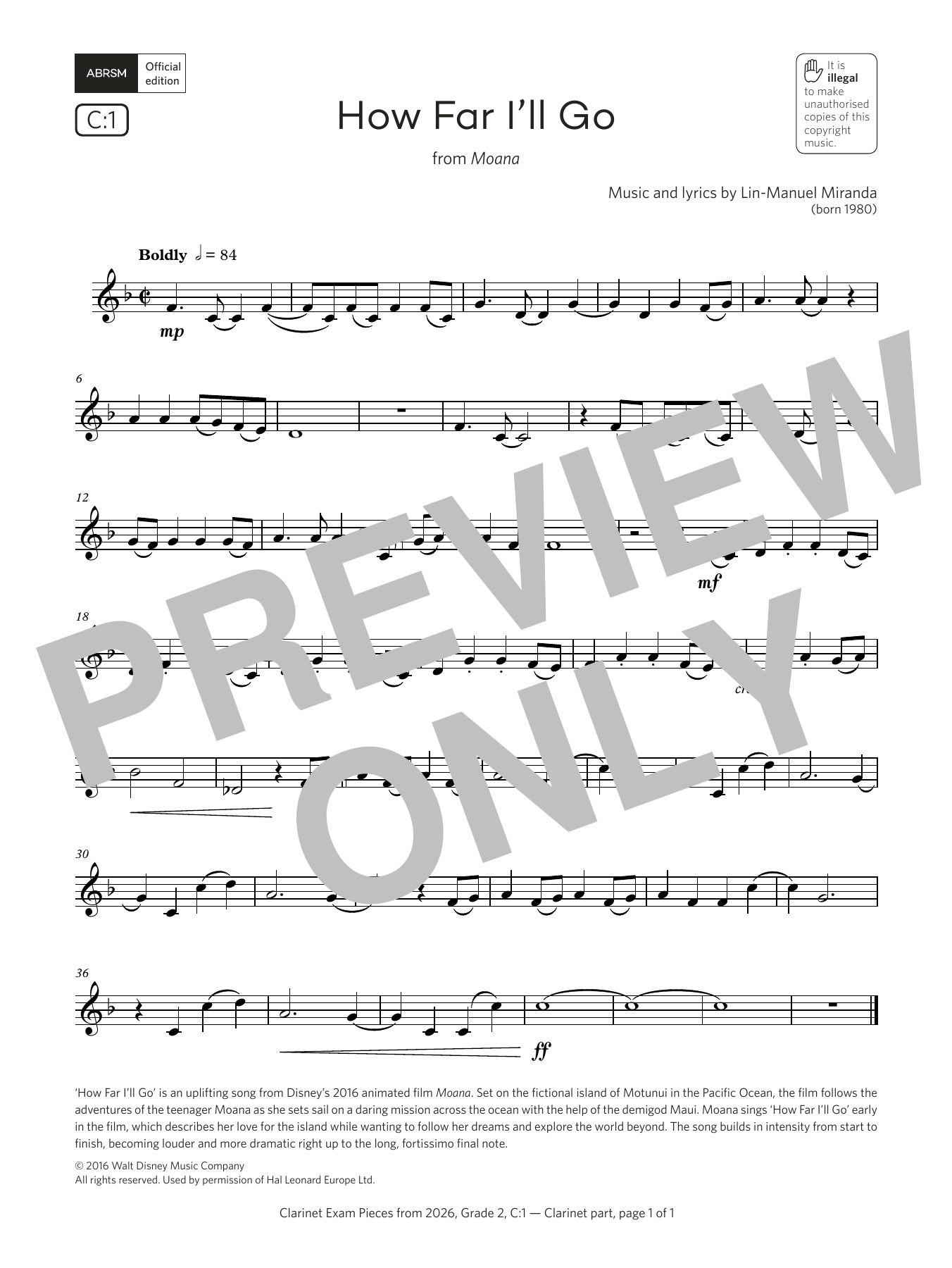 Download Lin-Manuel Miranda How Far I'll Go (Grade 2, list C1, from the ABRSM Clarinet Syllabus from 2026) Sheet Music and learn how to play Clarinet Solo PDF digital score in minutes