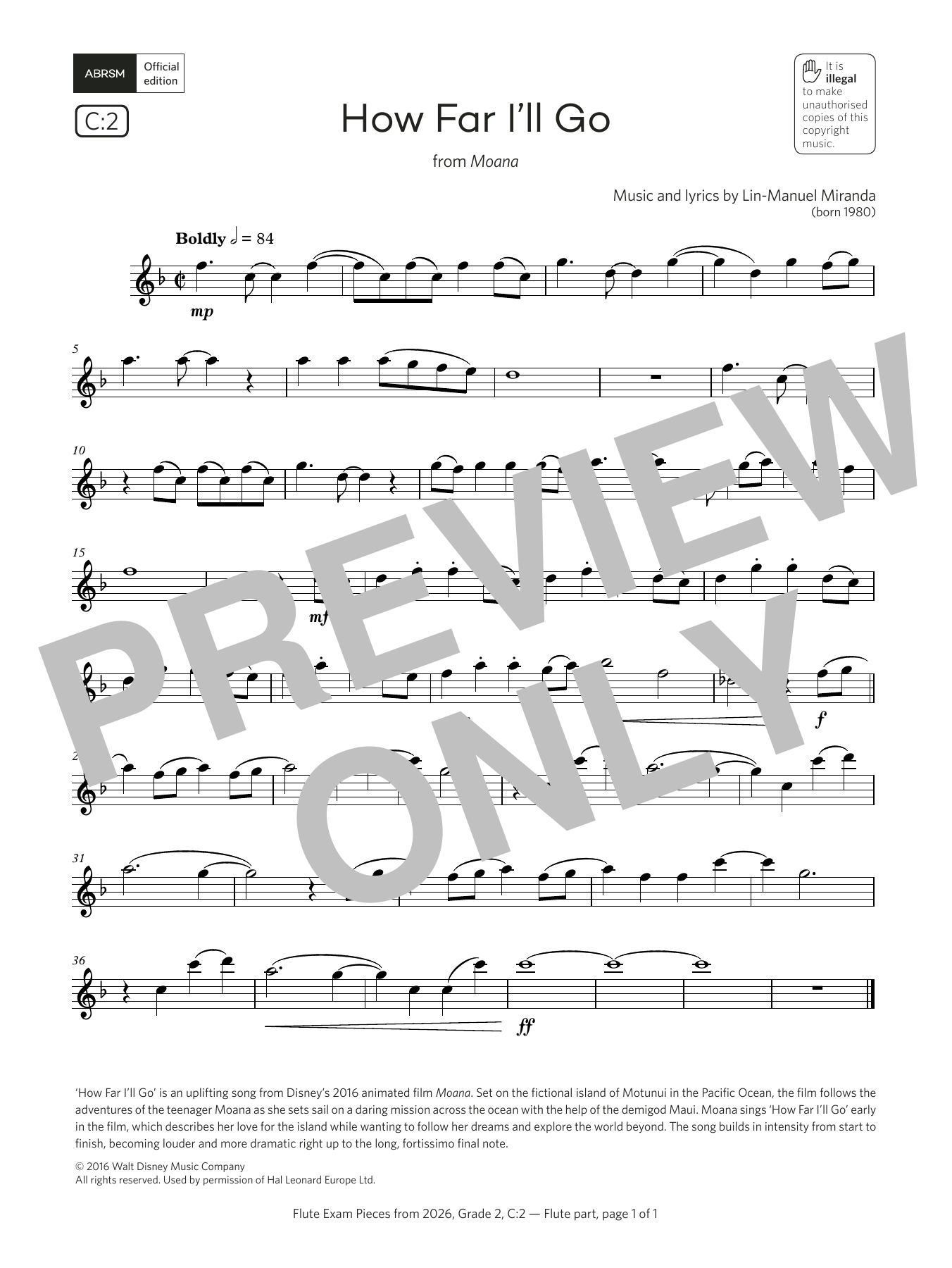 Download Lin-Manuel Miranda How Far I'll Go (Grade 2, list C2, from the ABRSM Flute Syllabus from 2026) Sheet Music and learn how to play Flute Solo PDF digital score in minutes
