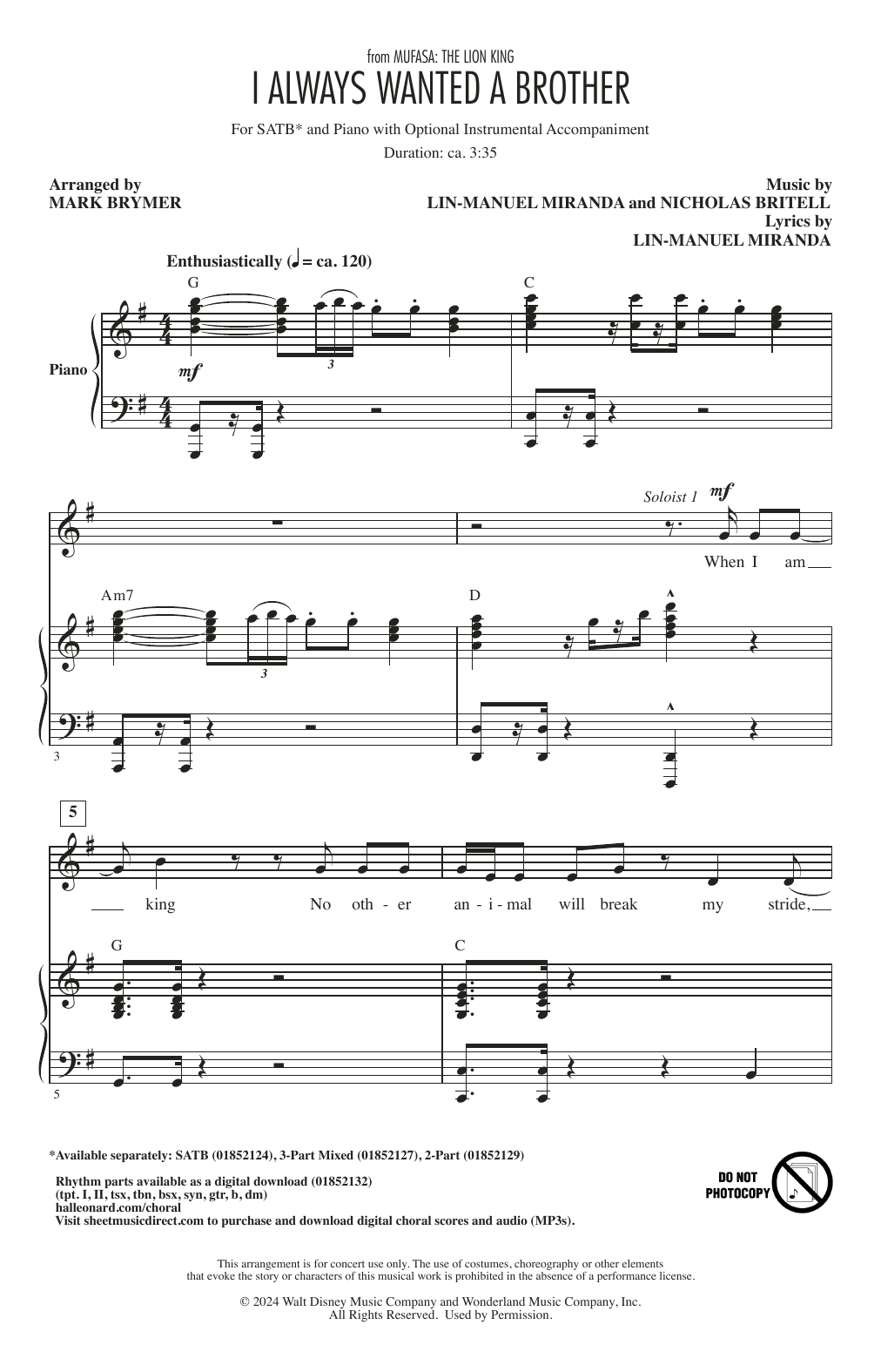Download Lin-Manuel Miranda I Always Wanted A Brother (from Mufasa) (arr. Mark Brymer) Sheet Music and learn how to play 2-Part Choir PDF digital score in minutes