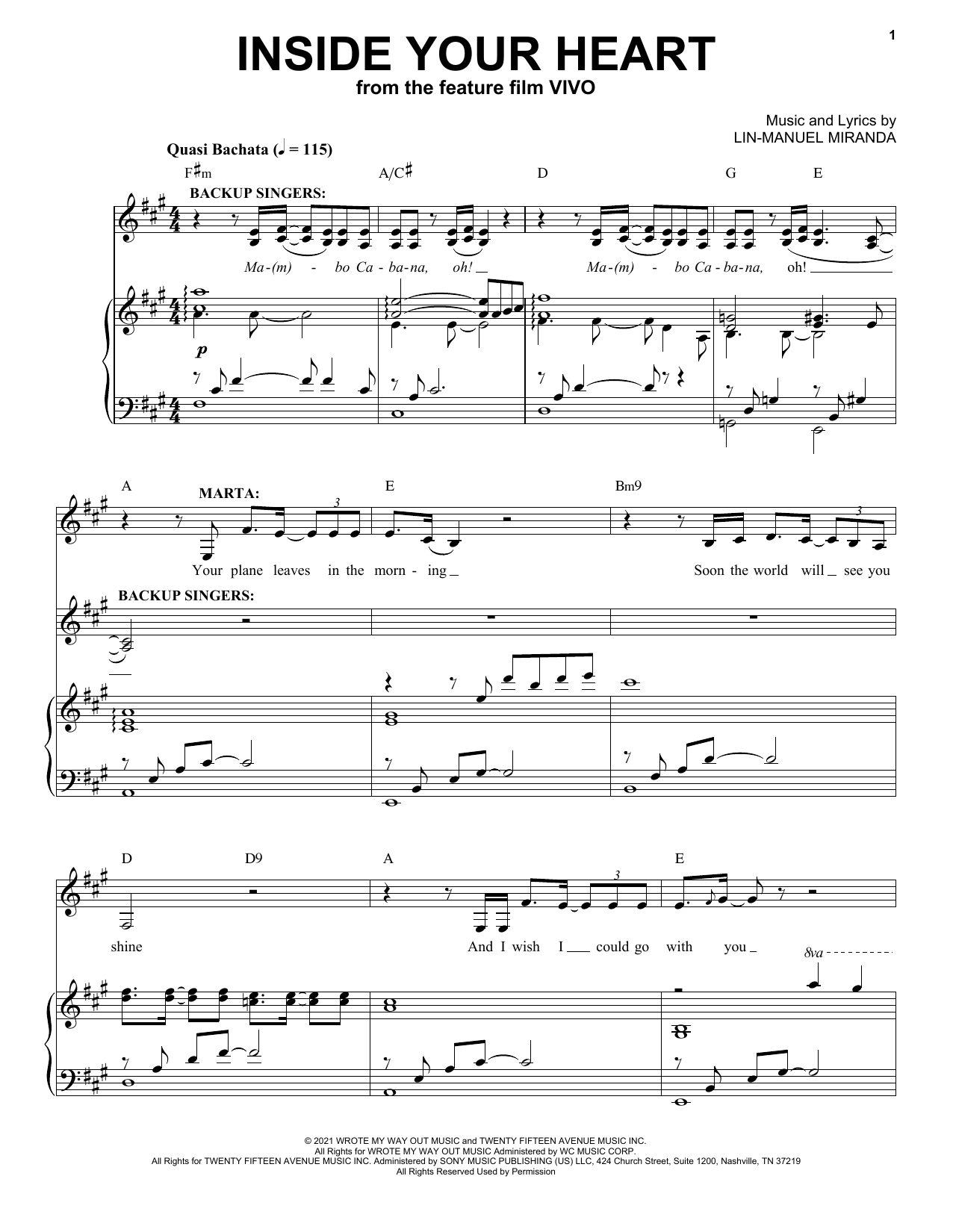 Download Lin-Manuel Miranda Inside Your Heart (from Vivo) Sheet Music and learn how to play Piano & Vocal PDF digital score in minutes