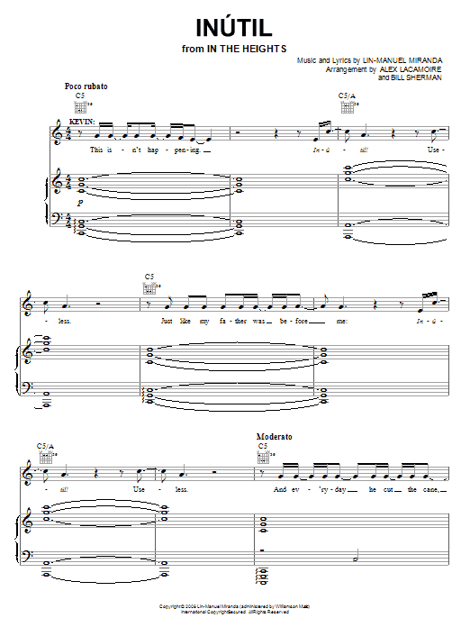 Download Lin-Manuel Miranda Inutil Sheet Music and learn how to play Piano, Vocal & Guitar (Right-Hand Melody) PDF digital score in minutes