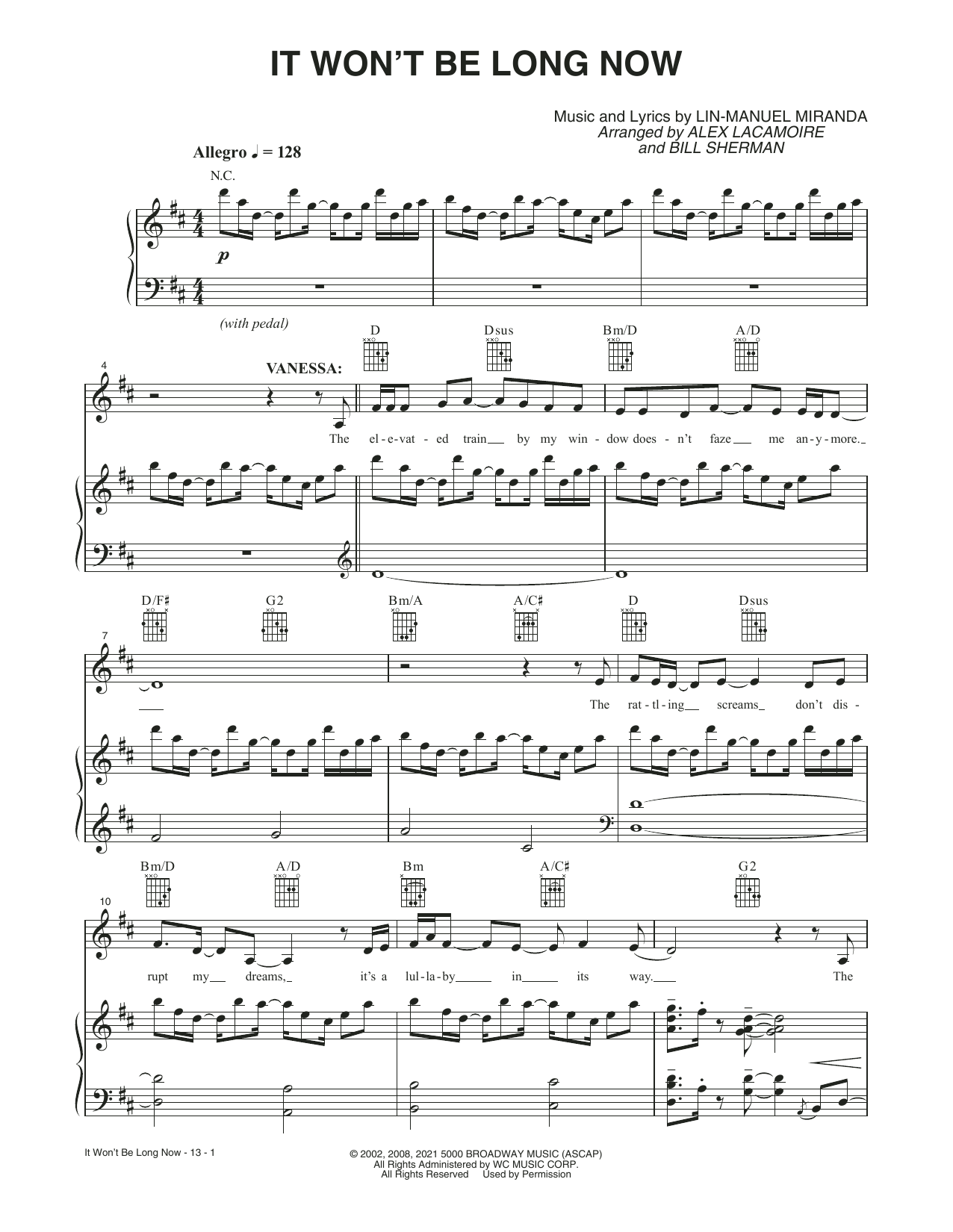 Download Lin-Manuel Miranda It Won't Be Long Now (from the Motion Picture In The Heights) Sheet Music and learn how to play Piano, Vocal & Guitar Chords PDF digital score in minutes
