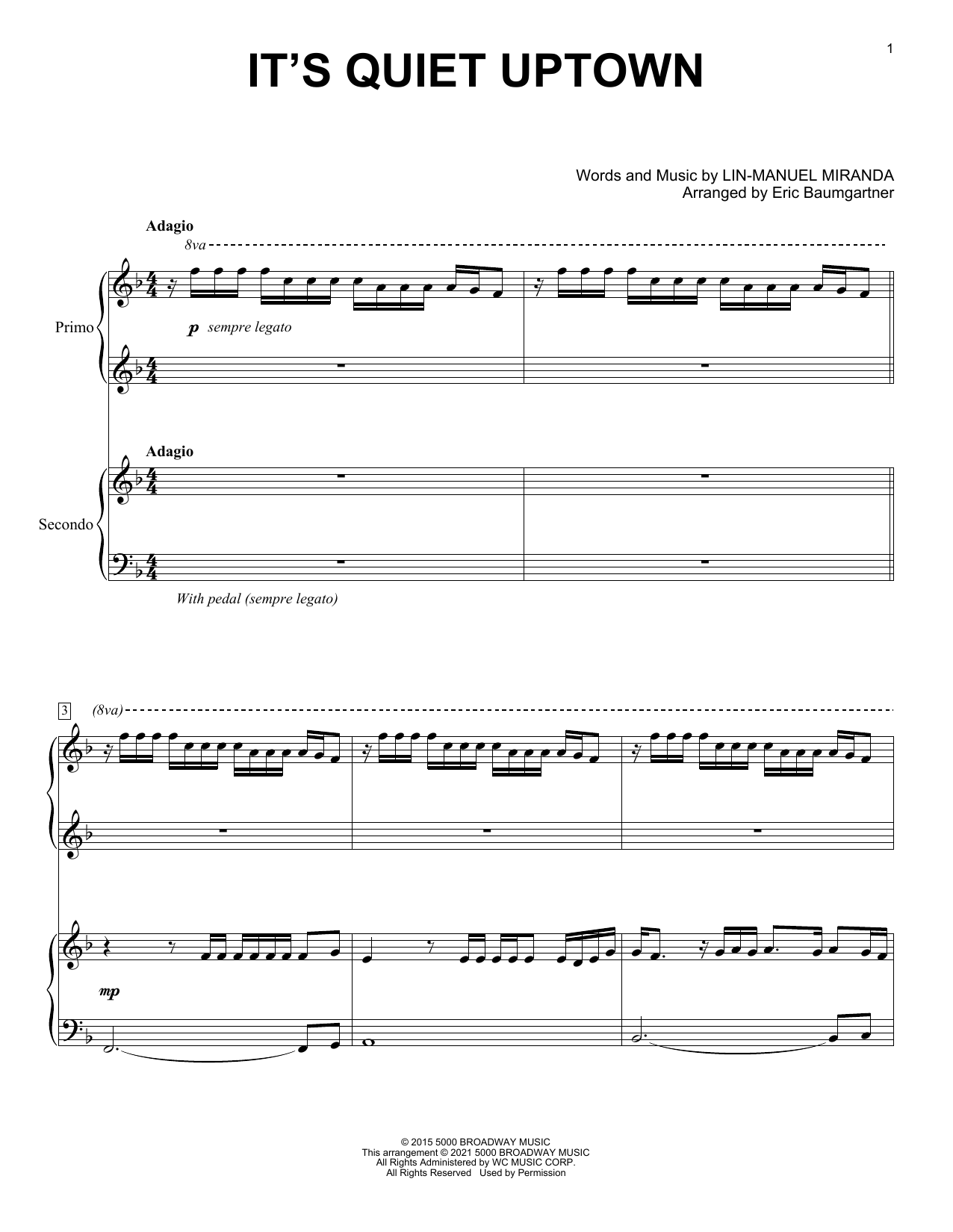 Download Lin-Manuel Miranda It's Quiet Uptown (from Hamilton) (arr. Eric Baumgartner) Sheet Music and learn how to play Piano Duet PDF digital score in minutes
