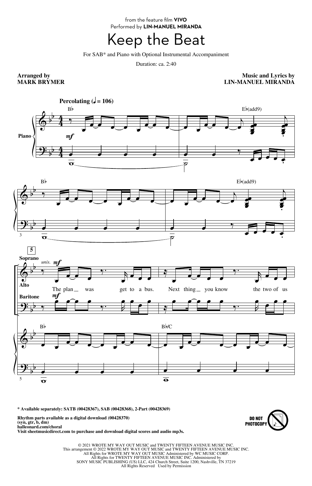 Download Lin-Manuel Miranda Keep The Beat (from Vivo) (arr. Mark Brymer) Sheet Music and learn how to play 2-Part Choir PDF digital score in minutes