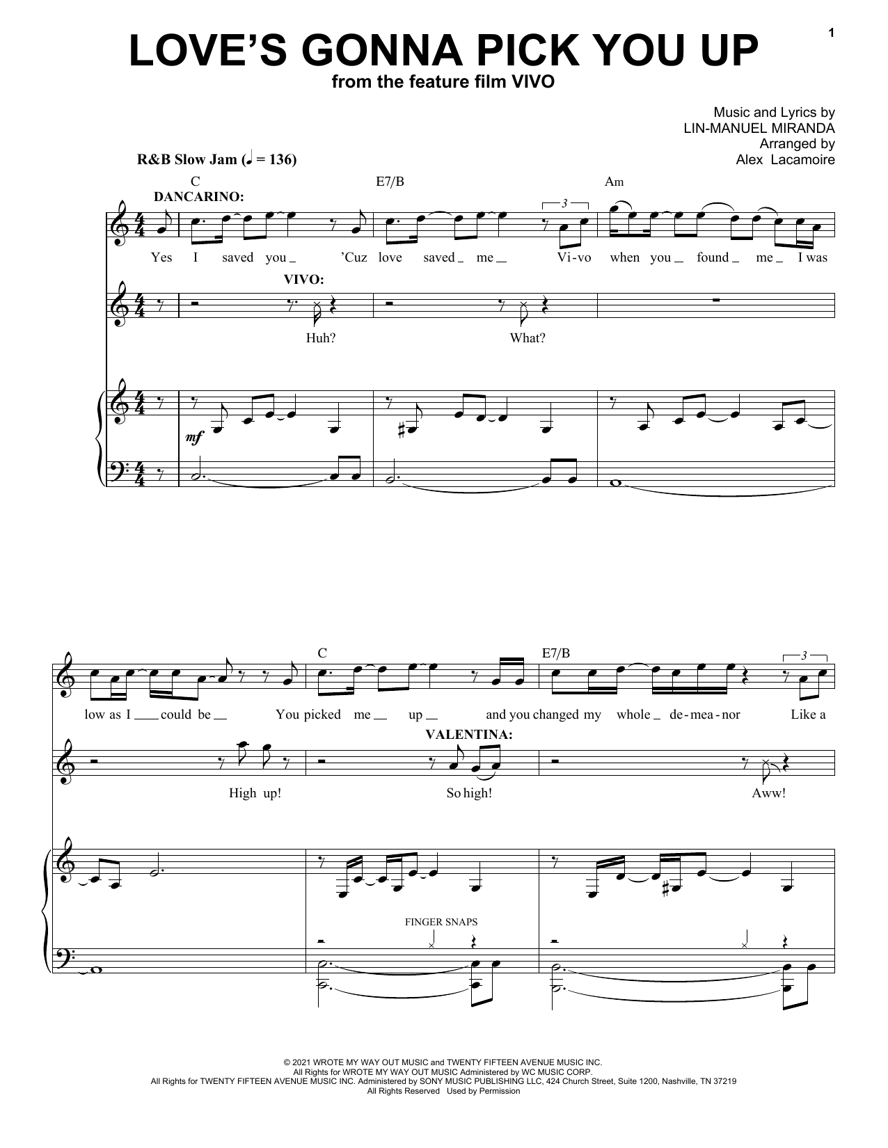 Download Lin-Manuel Miranda Love's Gonna Pick You Up (from Vivo) Sheet Music and learn how to play Piano & Vocal PDF digital score in minutes