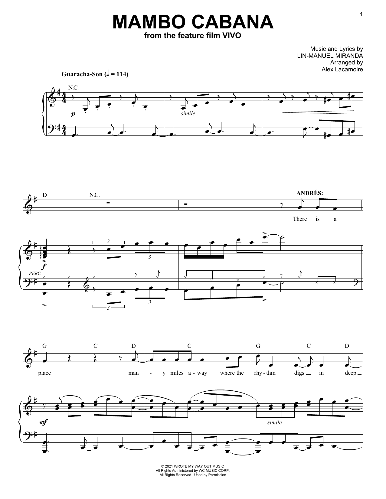 Download Lin-Manuel Miranda Mambo Cabana (from Vivo) Sheet Music and learn how to play Piano & Vocal PDF digital score in minutes