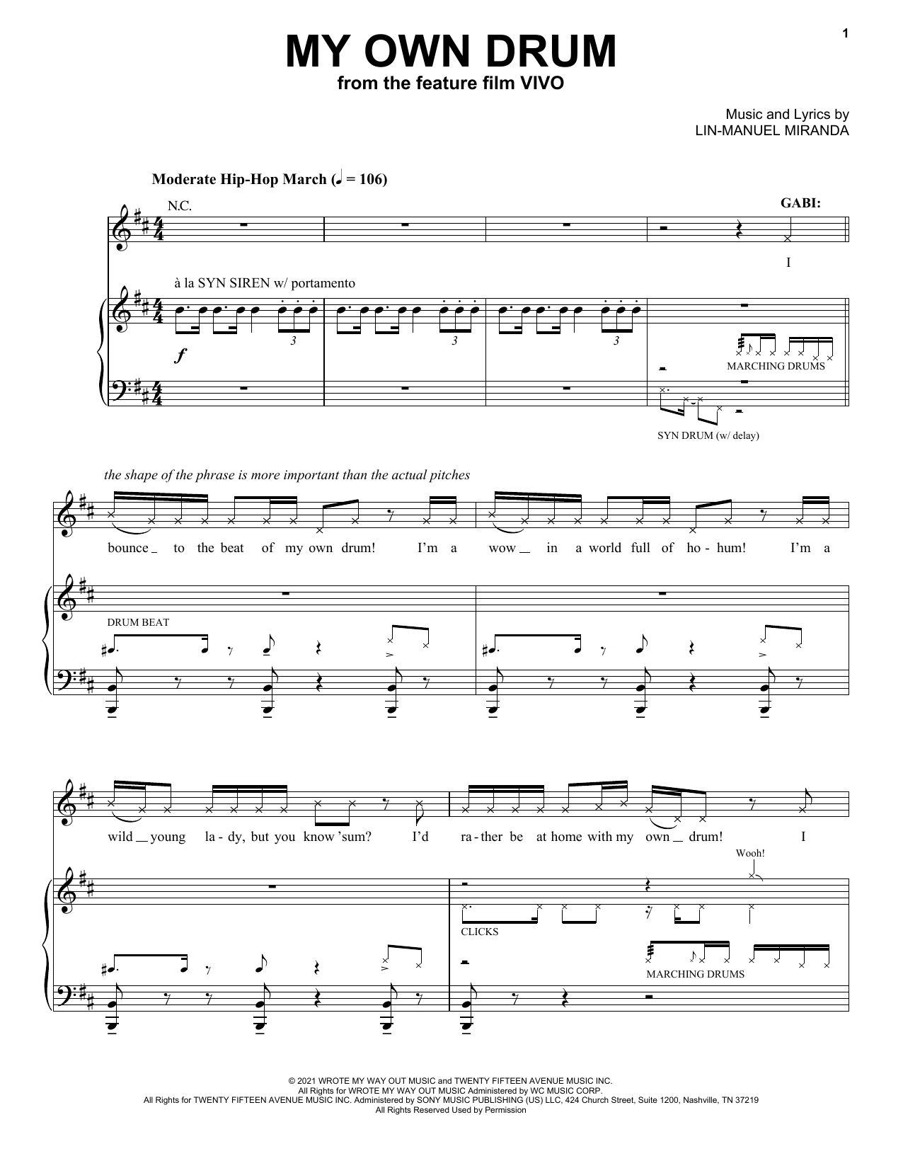 Download Lin-Manuel Miranda My Own Drum (from Vivo) Sheet Music and learn how to play Piano & Vocal PDF digital score in minutes
