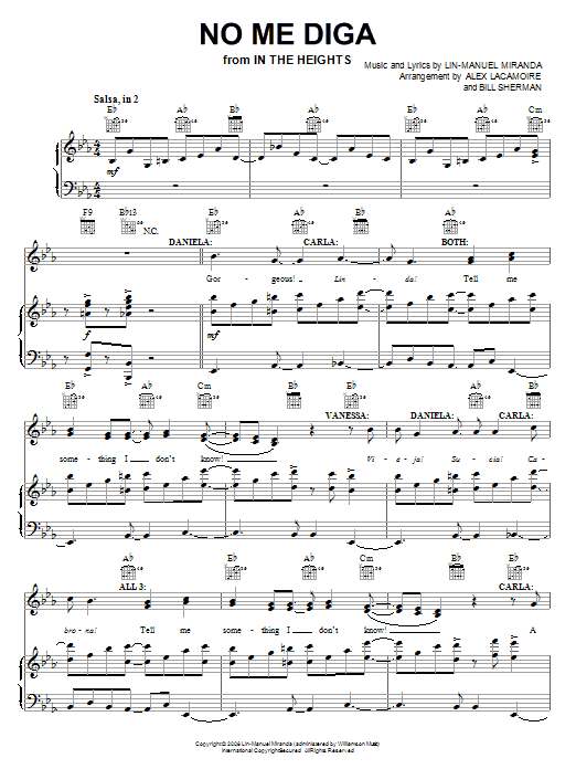 Download Lin-Manuel Miranda No Me Diga Sheet Music and learn how to play Piano, Vocal & Guitar (Right-Hand Melody) PDF digital score in minutes