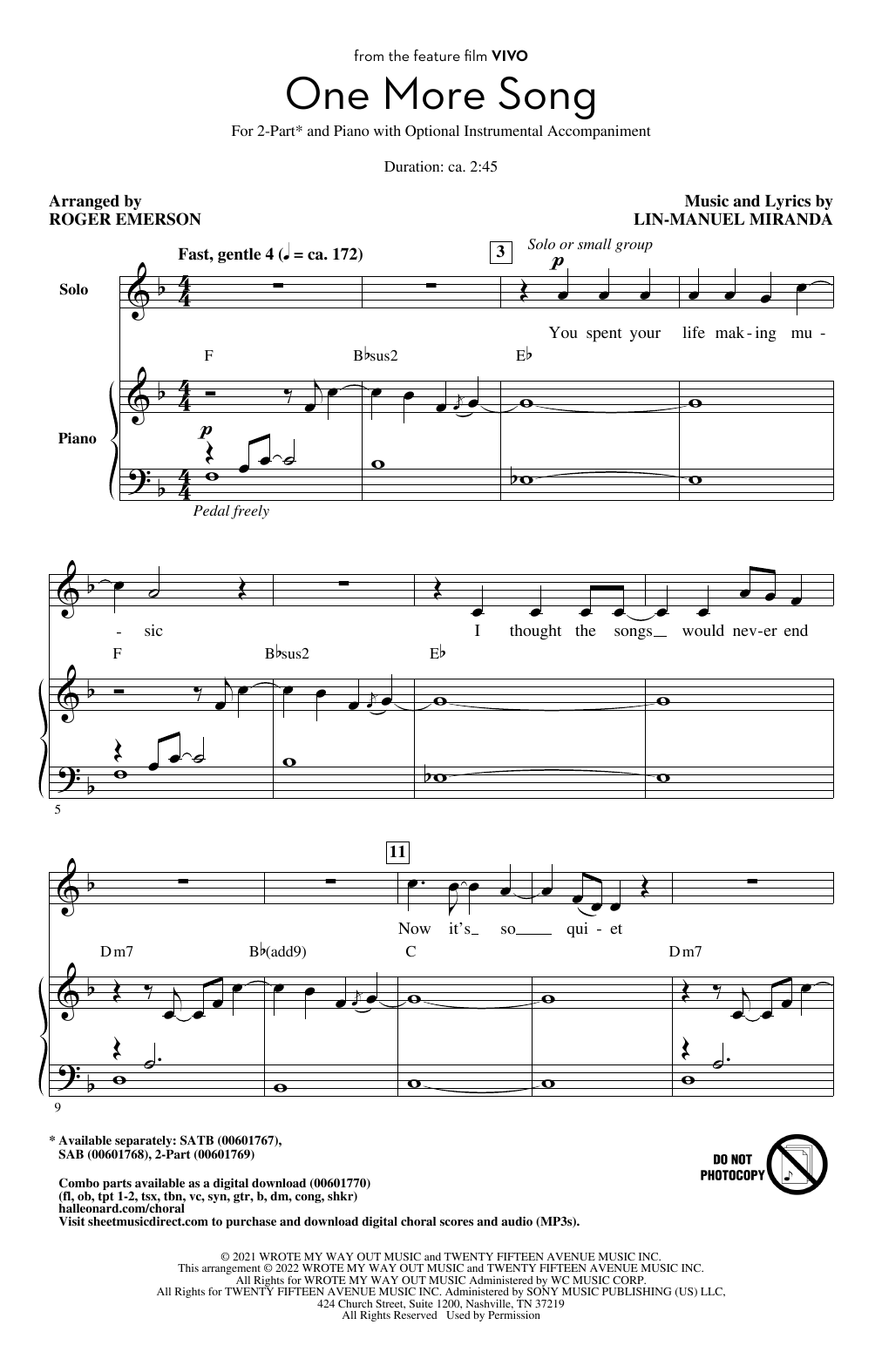 Download Lin-Manuel Miranda One More Song (from Vivo) (arr. Roger Emerson) Sheet Music and learn how to play SATB Choir PDF digital score in minutes
