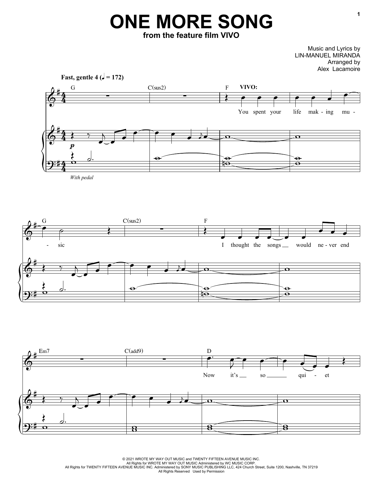 Download Lin-Manuel Miranda One More Song (from Vivo) Sheet Music and learn how to play Piano & Vocal PDF digital score in minutes