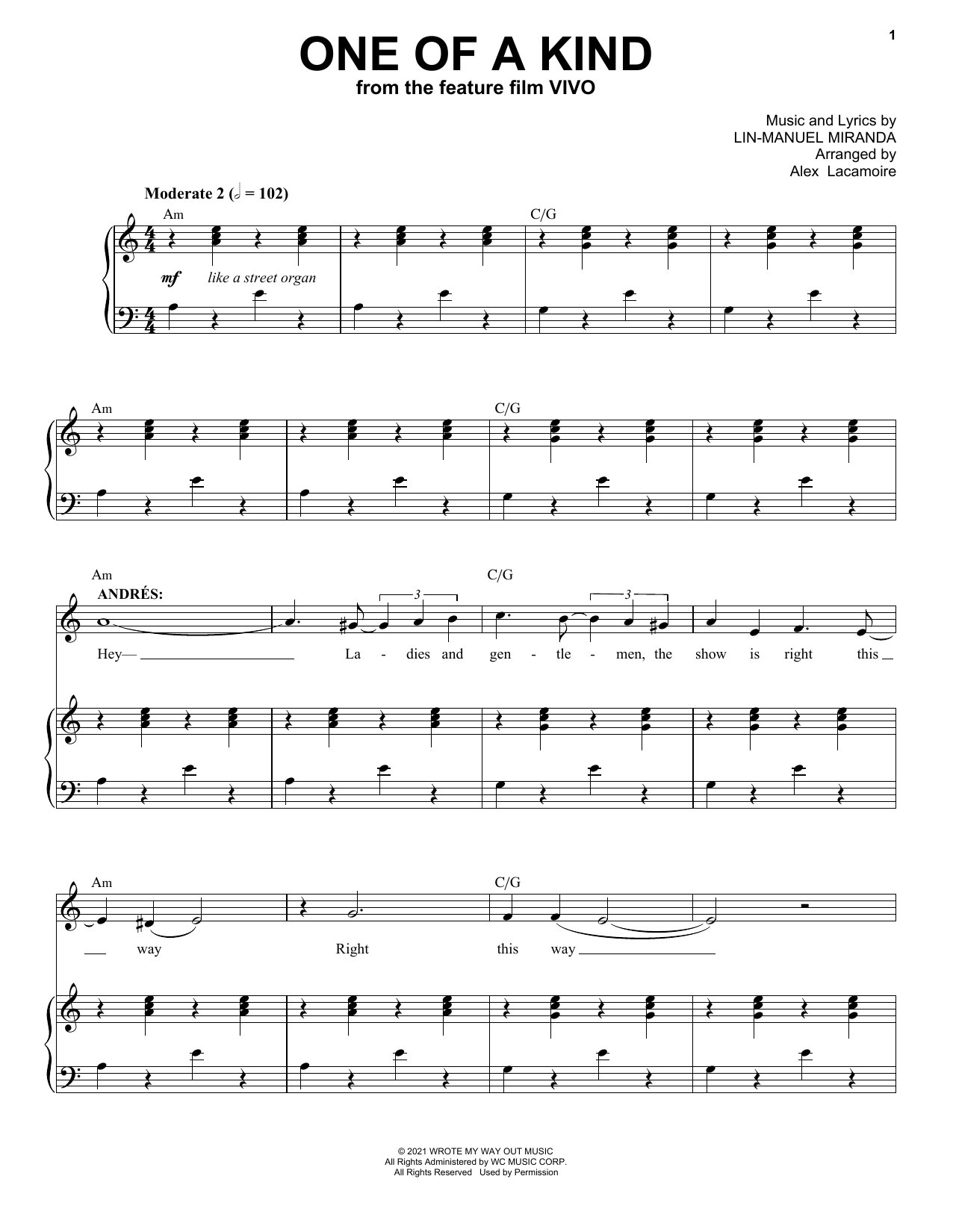 Download Lin-Manuel Miranda One Of A Kind (from Vivo) Sheet Music and learn how to play Piano & Vocal PDF digital score in minutes