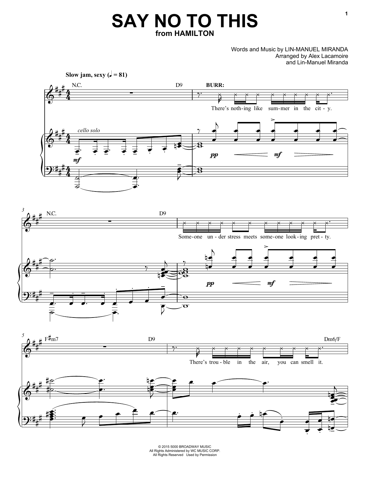 Download Lin-Manuel Miranda Say No To This (from Hamilton) Sheet Music and learn how to play Piano & Vocal PDF digital score in minutes