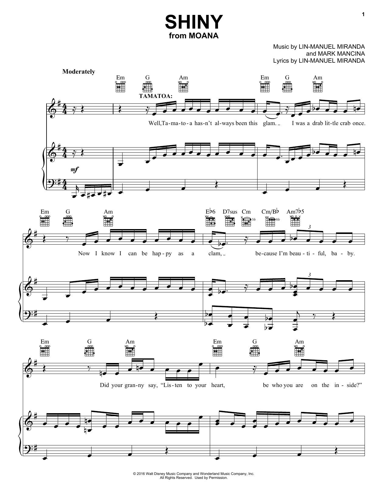 Download Lin-Manuel Miranda Shiny (from Moana) Sheet Music and learn how to play Easy Guitar Tab PDF digital score in minutes