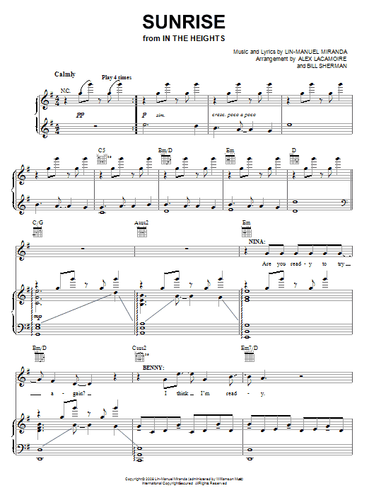 Download Lin-Manuel Miranda Sunrise Sheet Music and learn how to play Piano, Vocal & Guitar (Right-Hand Melody) PDF digital score in minutes