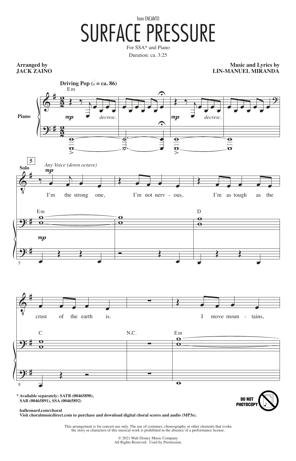 Download Lin-Manuel Miranda Surface Pressure (from Encanto) (arr. Jack Zaino) Sheet Music and learn how to play SSA Choir PDF digital score in minutes